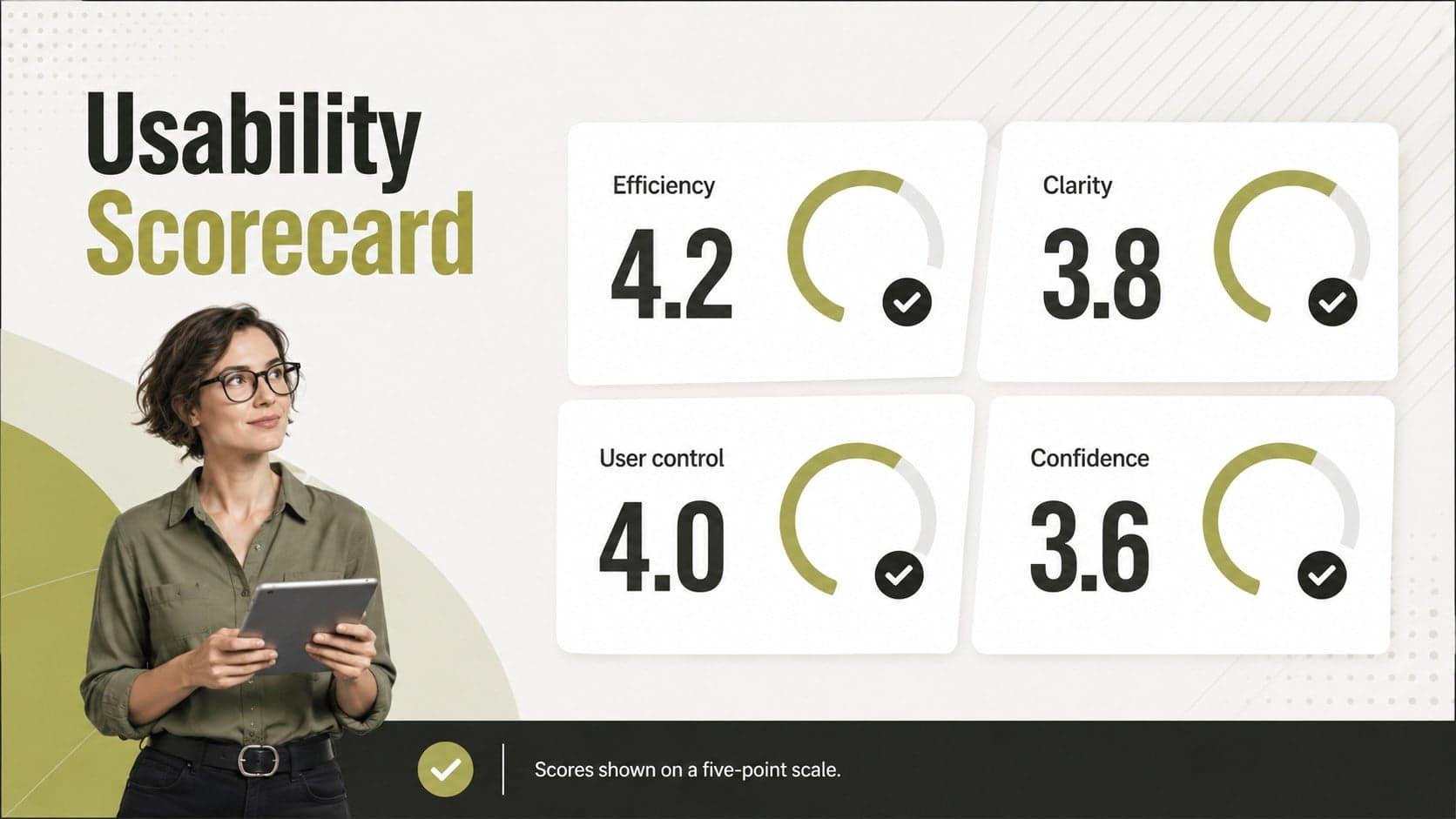 Competitor usability scorecard slide with ratings for efficiency, clarity, control, and confidence.