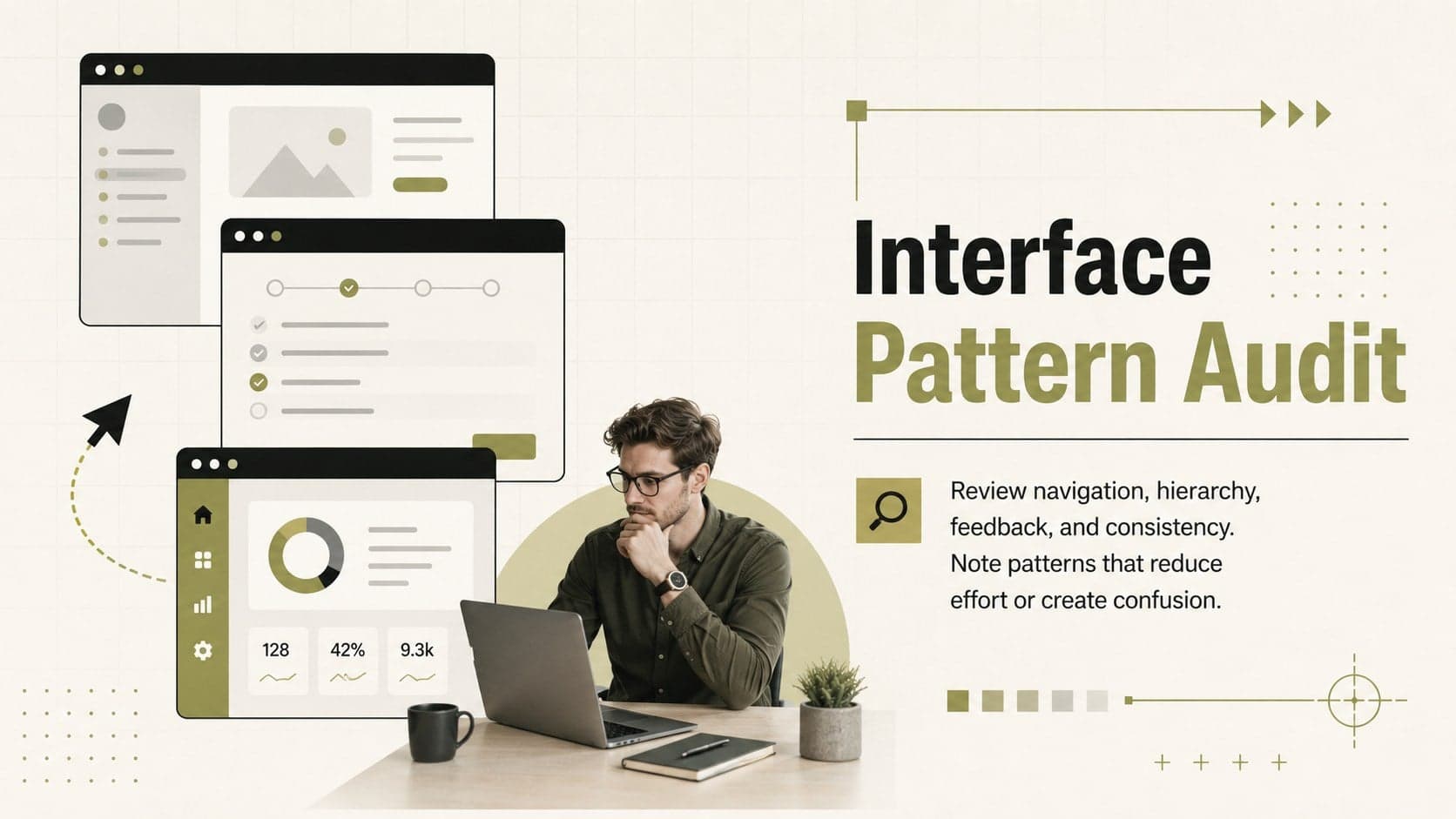 Interface pattern audit slide reviewing navigation, hierarchy, feedback, and consistency.
