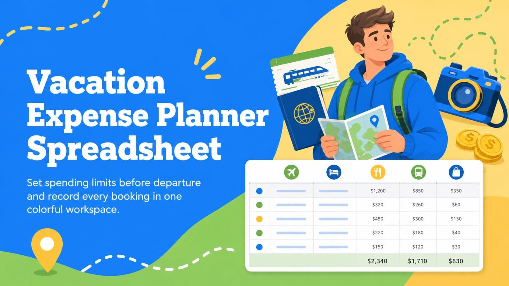 Colorful vacation expense planner spreadsheet cover with blue, green, and yellow travel illustrations.