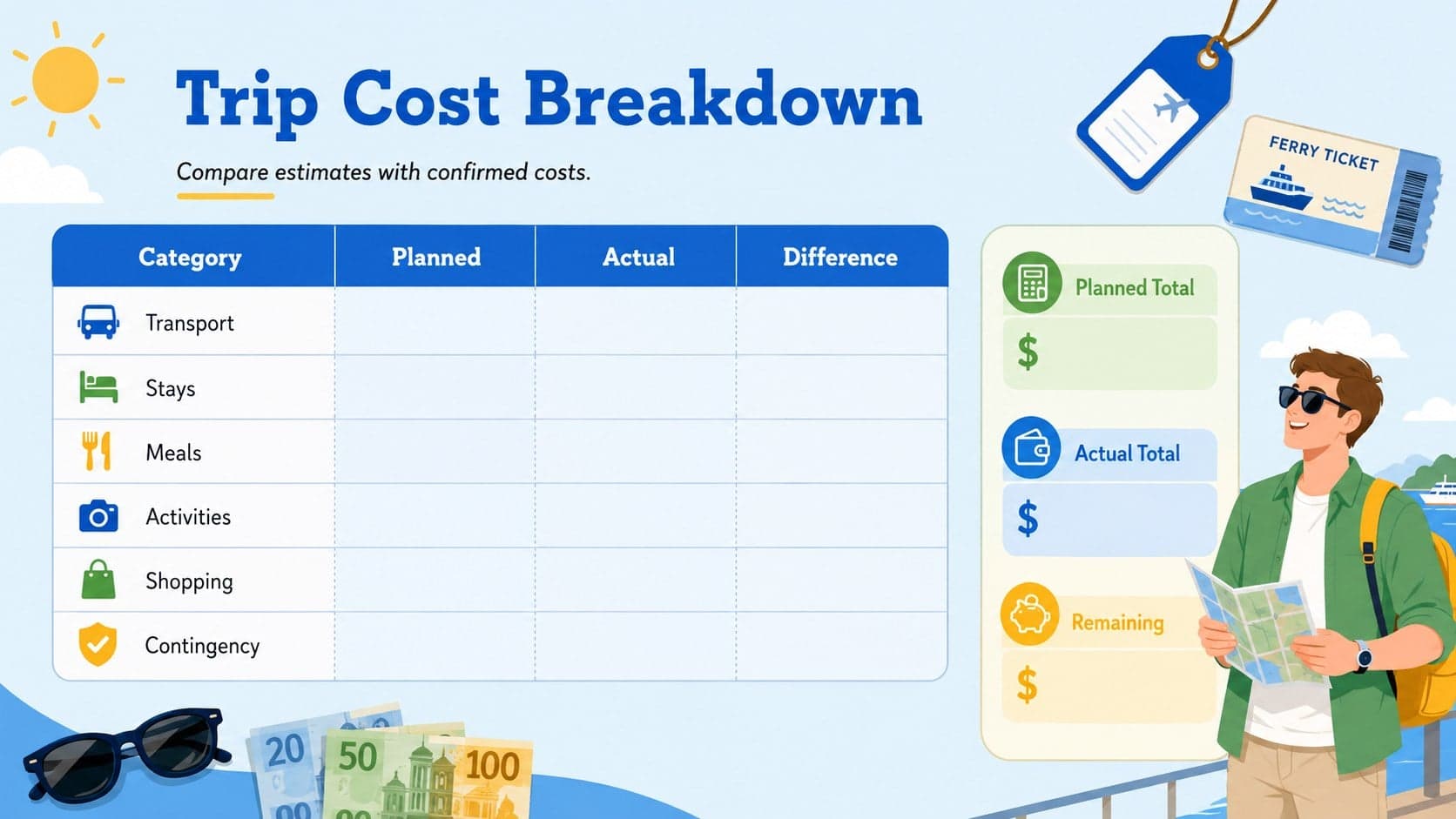 Trip cost breakdown template showing planned and actual vacation expenses by category.