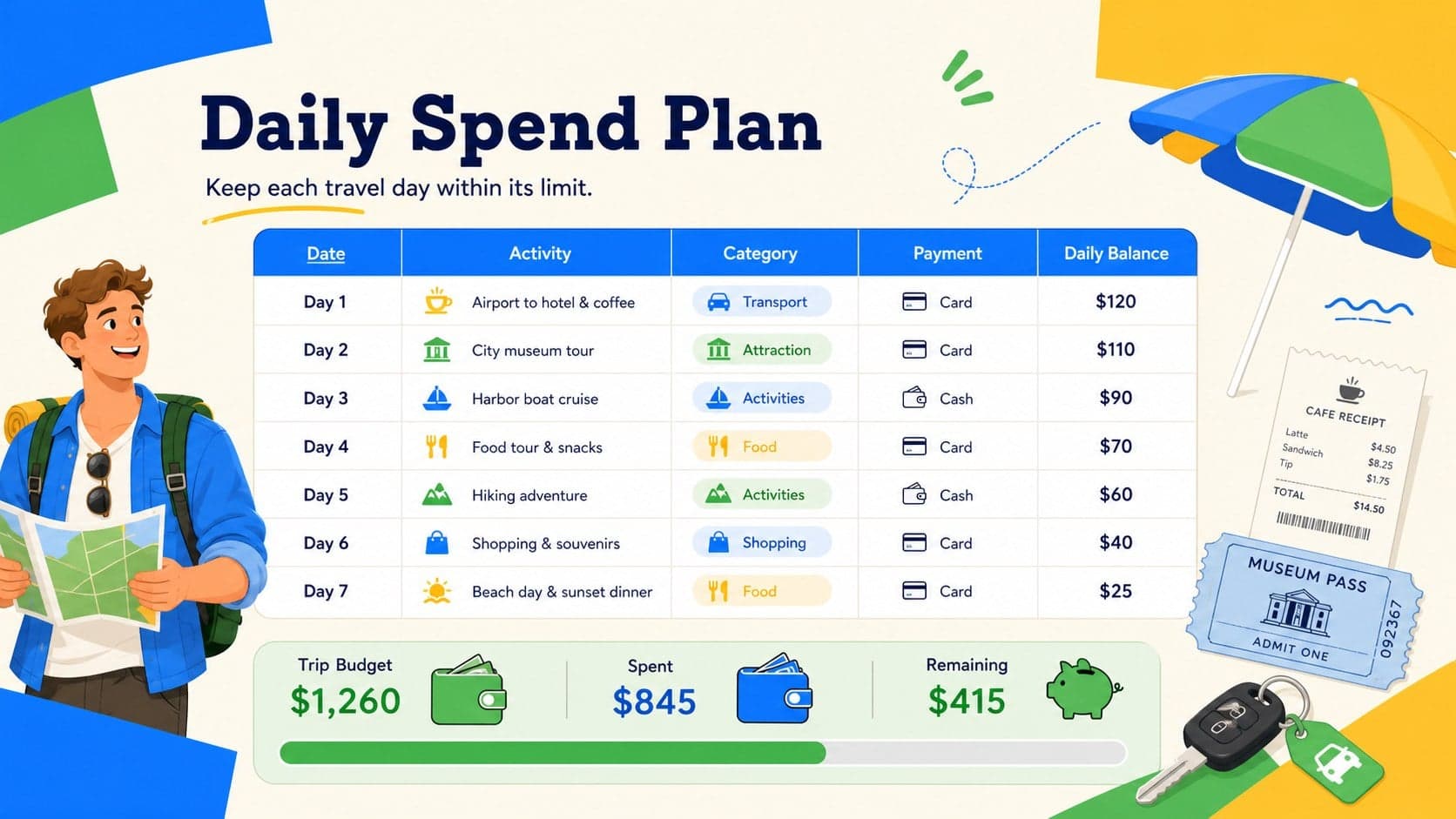 Daily holiday spending planner for Excel with date, activity, payment, and remaining budget columns.