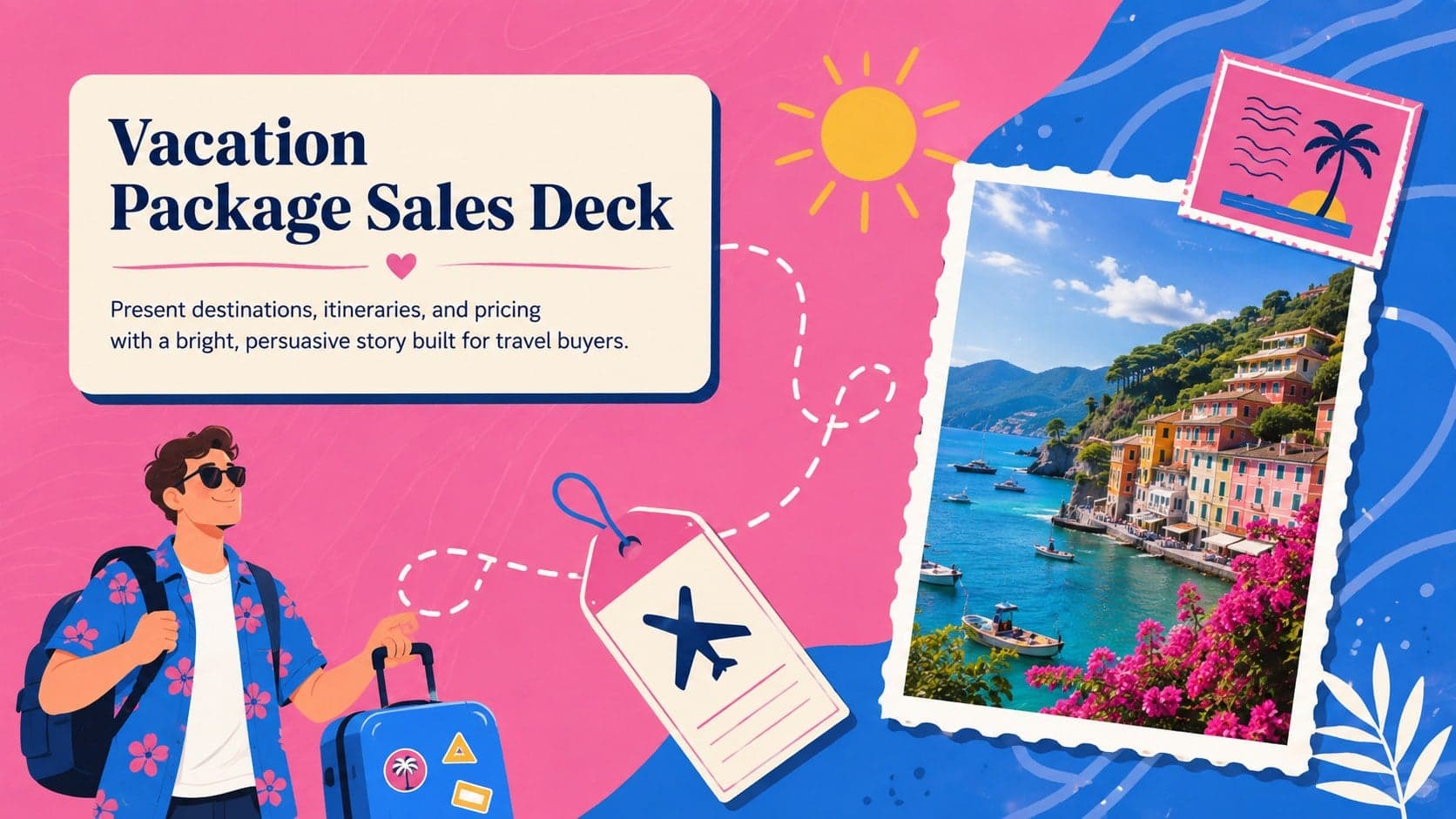 Colorful cover for a vacation package sales deck featuring travel imagery and a pink-and-blue illustrated layout.