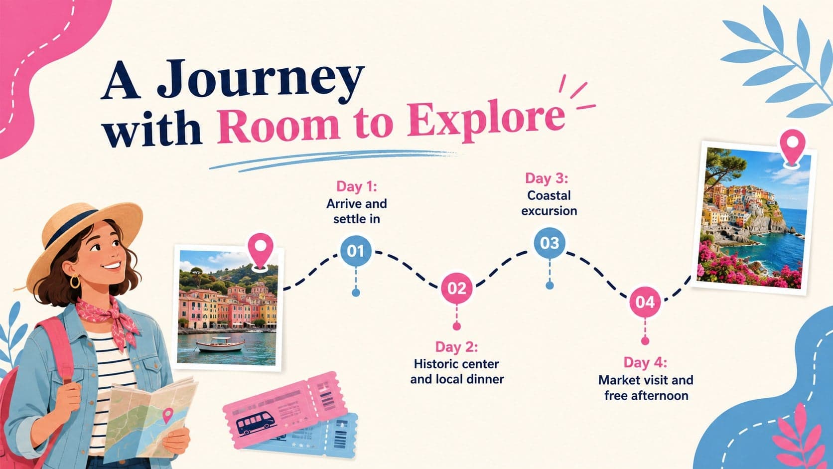 Tour itinerary proposal template with a colorful four-day travel schedule.