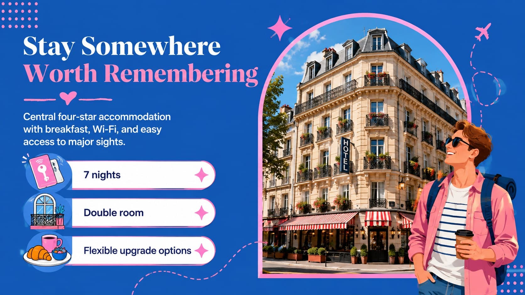 Travel proposal accommodation slide featuring a hotel photo and concise stay details.