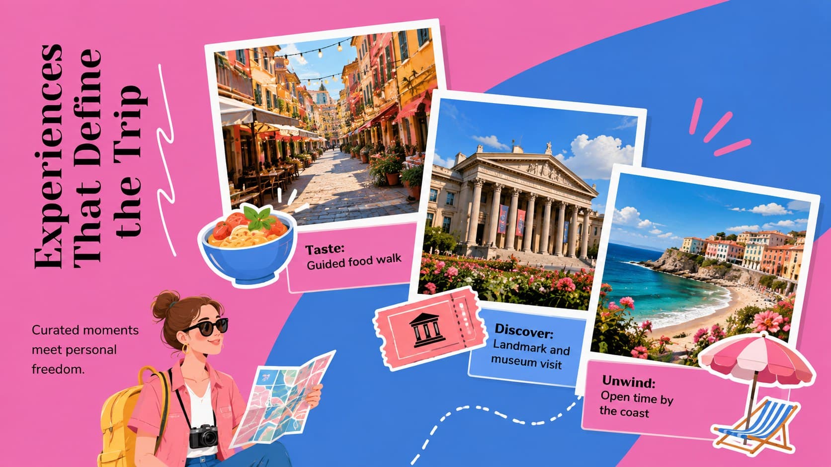 Group travel proposal slide presenting food, culture, sightseeing, and leisure experiences.