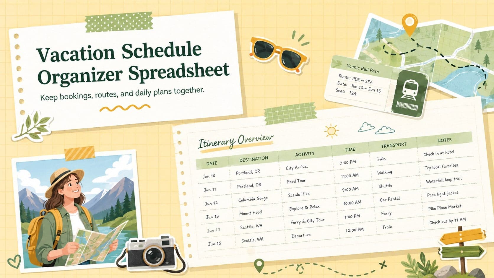 Cover of a yellow and pastel green Vacation Schedule Organizer Spreadsheet with playful travel doodles and scrapbook accents.