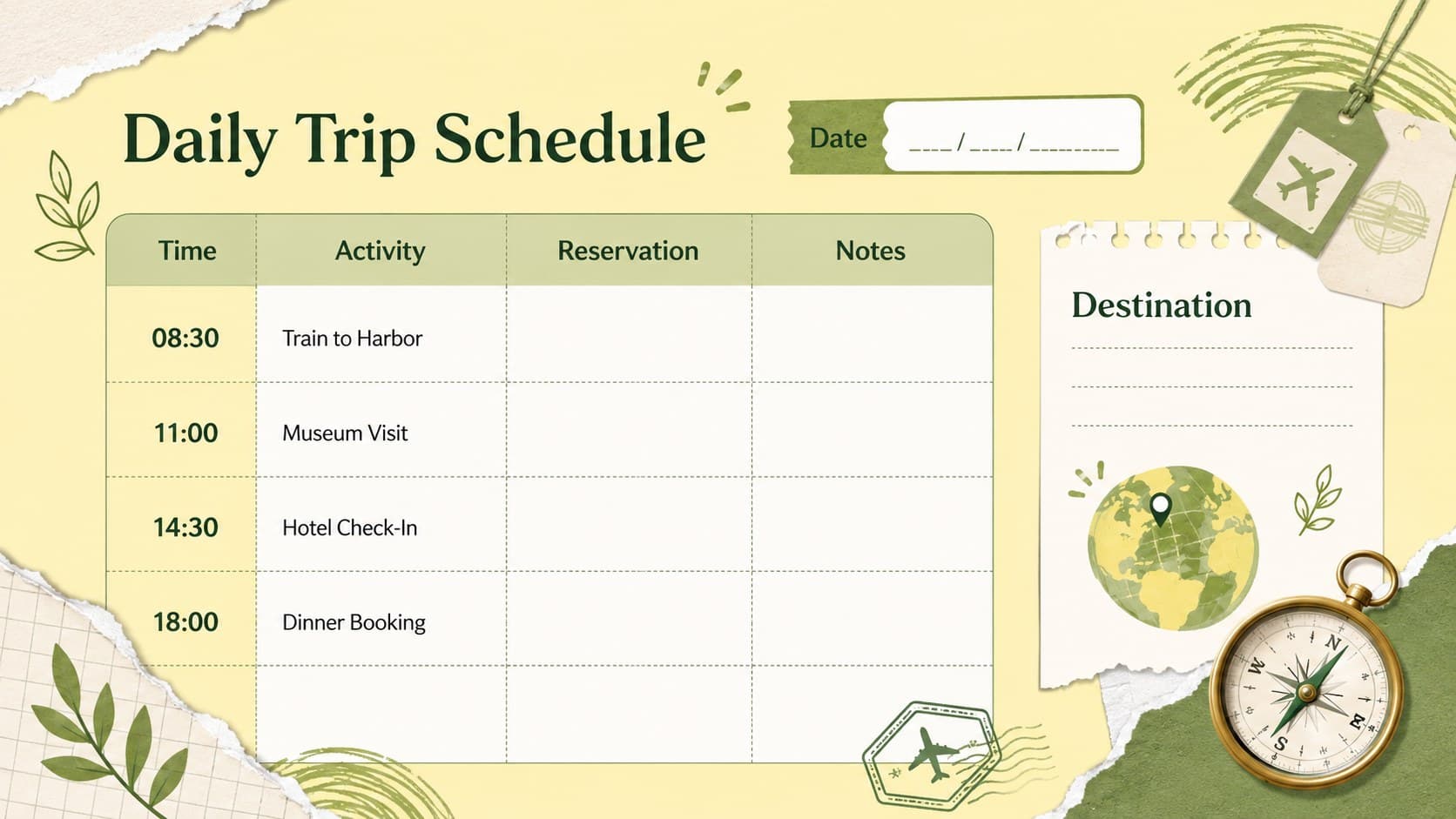 Daily trip schedule template showing destinations, travel times, activities, reservations, and notes in a colorful spreadsheet layout.