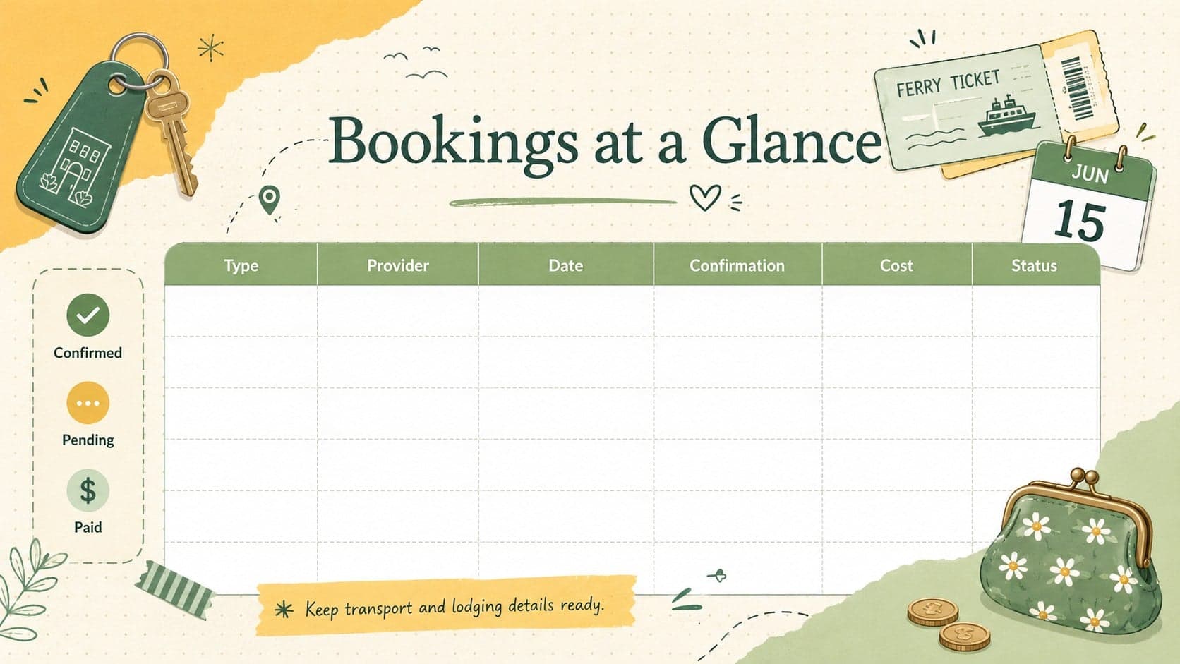 Travel booking tracker for Excel with organized sections for transport, lodging, confirmation numbers, costs, and status.