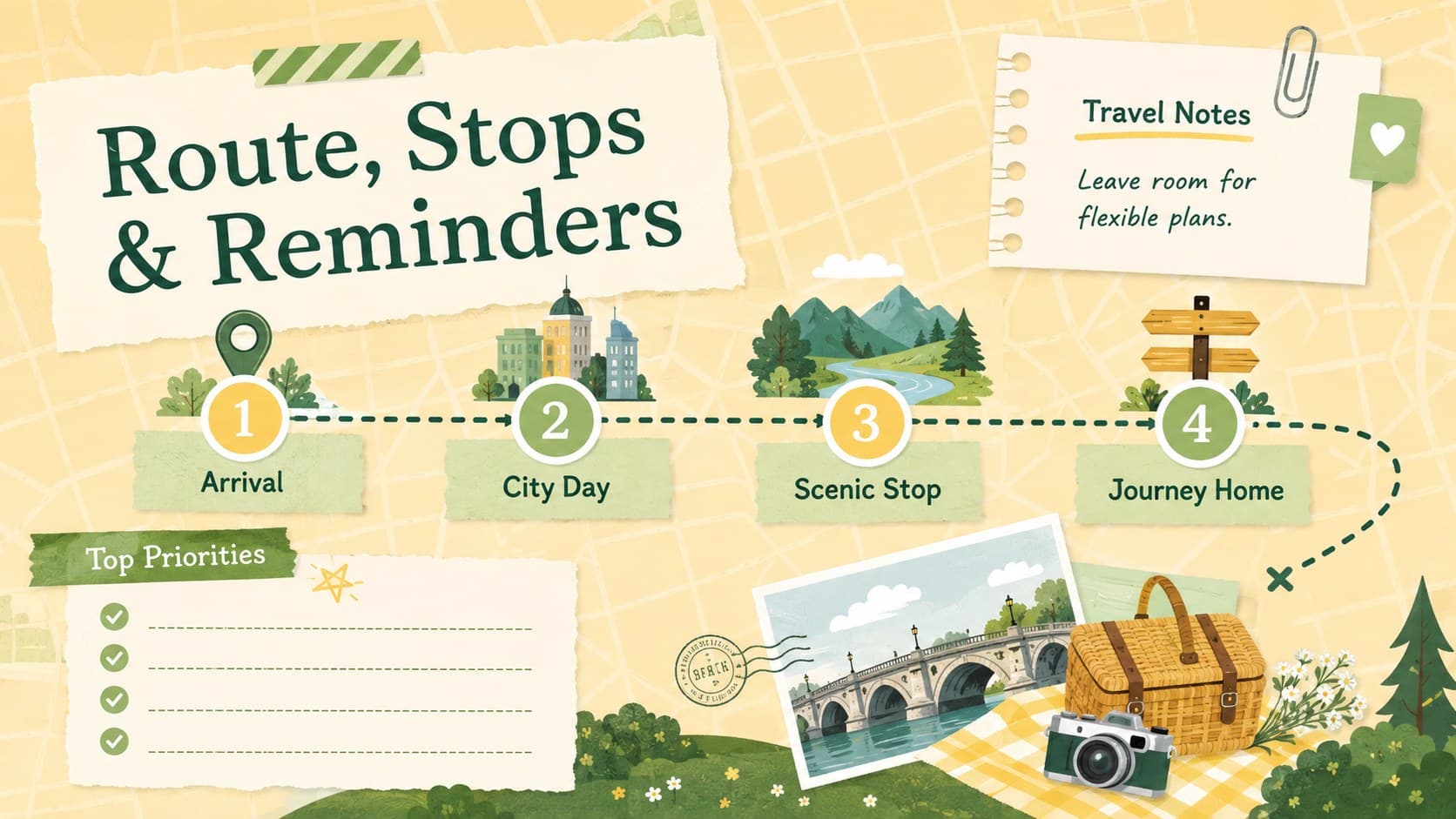 Holiday route planner spreadsheet with a multi-city timeline, destination notes, priorities, and travel reminders.
