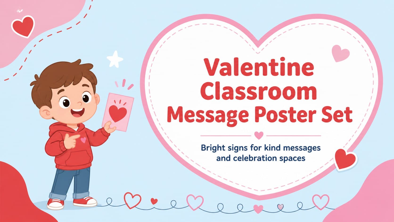Cover slide for a valentine classroom poster set with a bold heart message, red and pink accents, and blue line details.