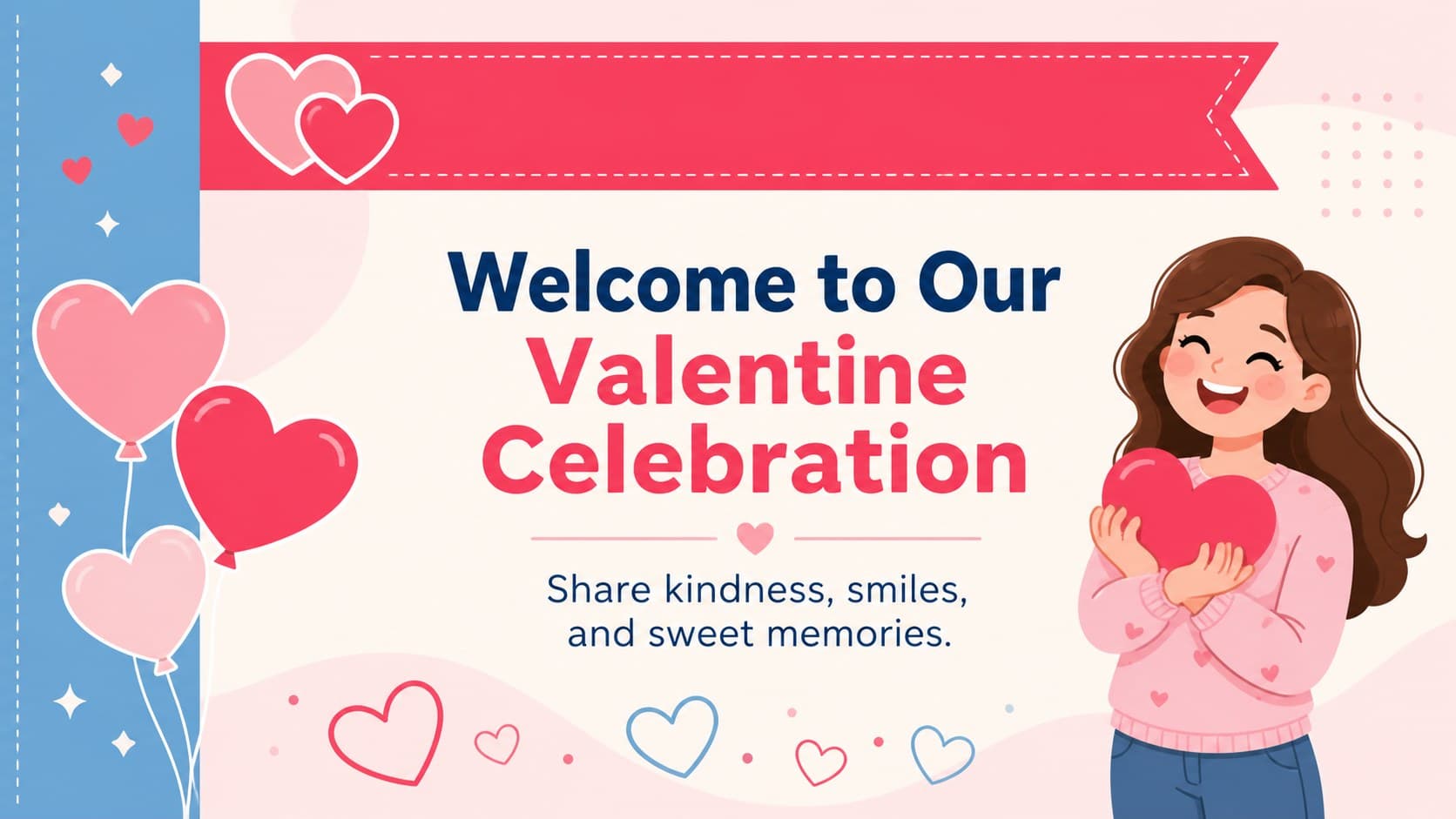 Valentine event signage template showing a classroom welcome message with hearts and colorful geometric accents.