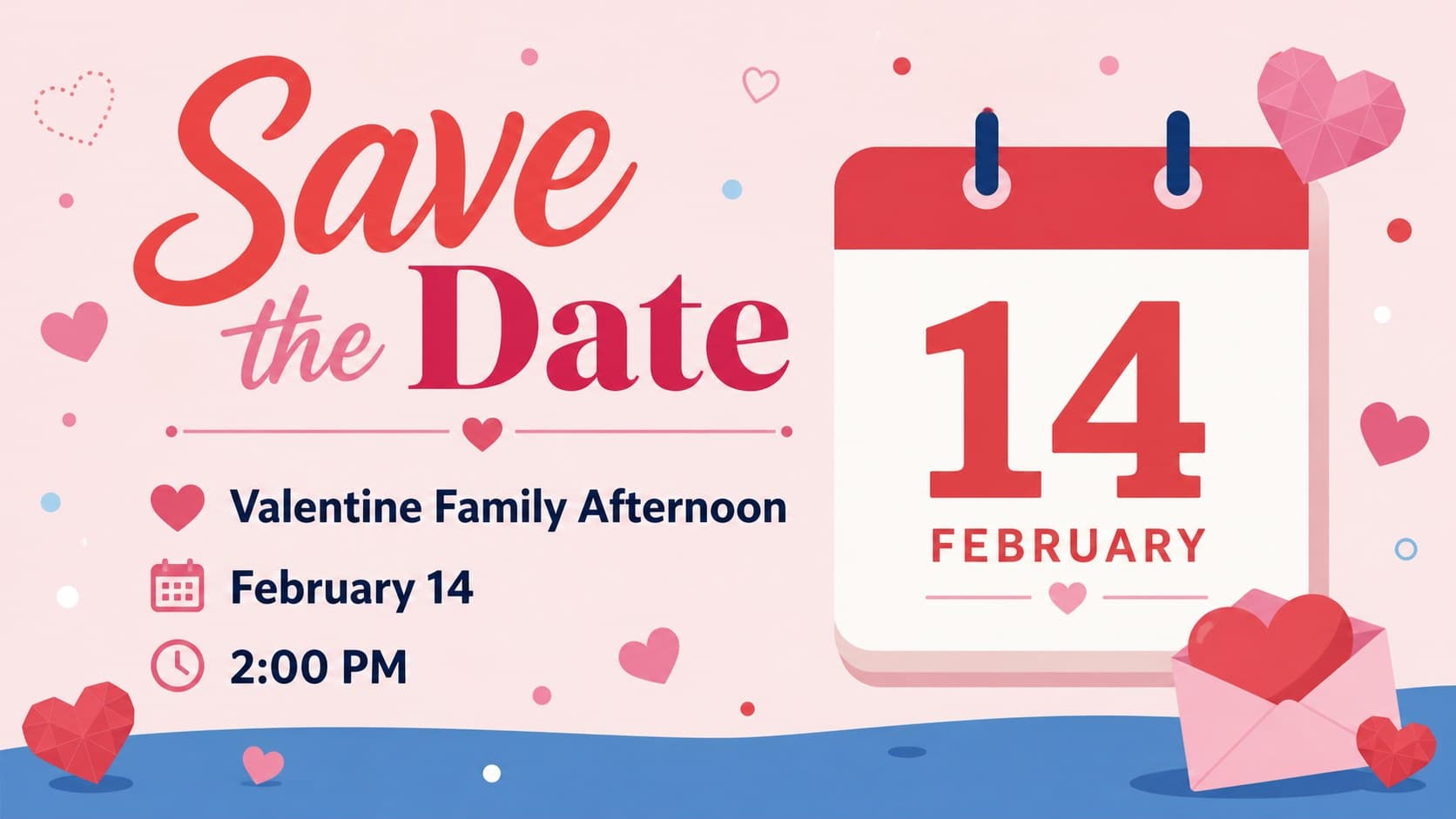 School Valentine welcome display with an event announcement, date field, heart pattern, and bright classroom-friendly colors.