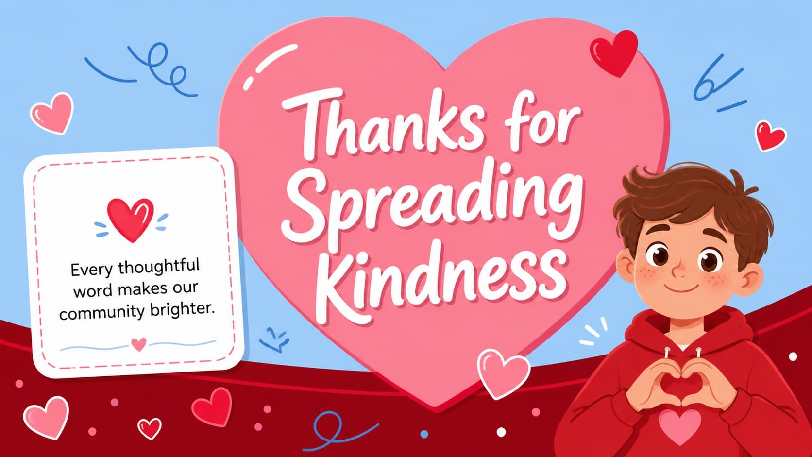 Closing Valentine message poster with a thank-you note, layered hearts, and a red, pink, and blue classroom palette.