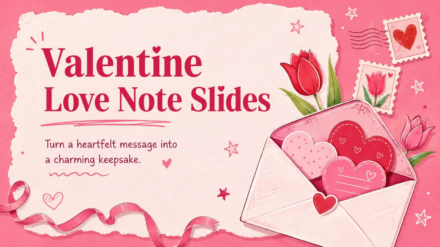 Cover for Valentine love note slides with pink and red doodled hearts, flowers, and an envelope.