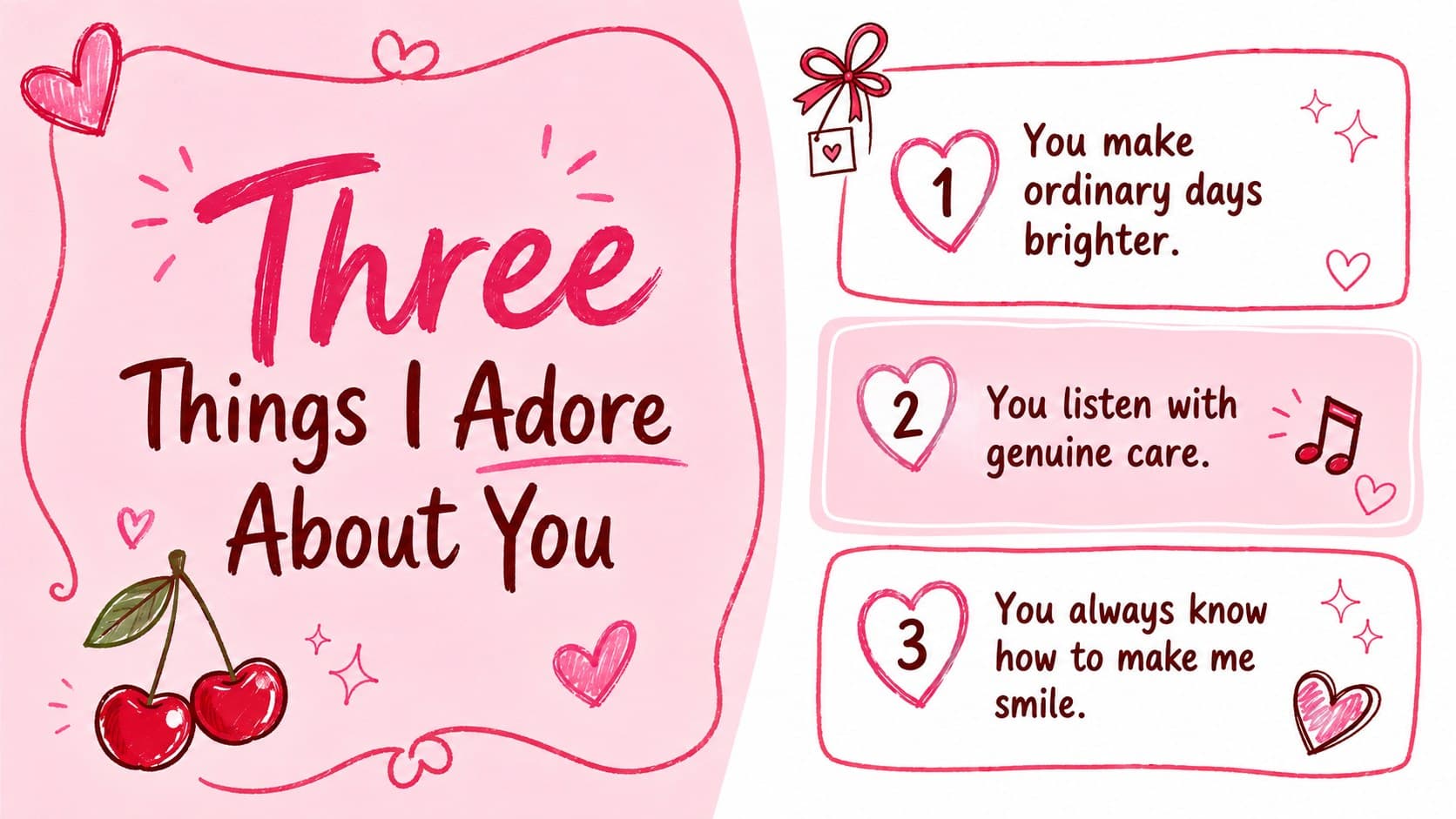 Love appreciation presentation template featuring three reasons to cherish someone in playful doodle frames.