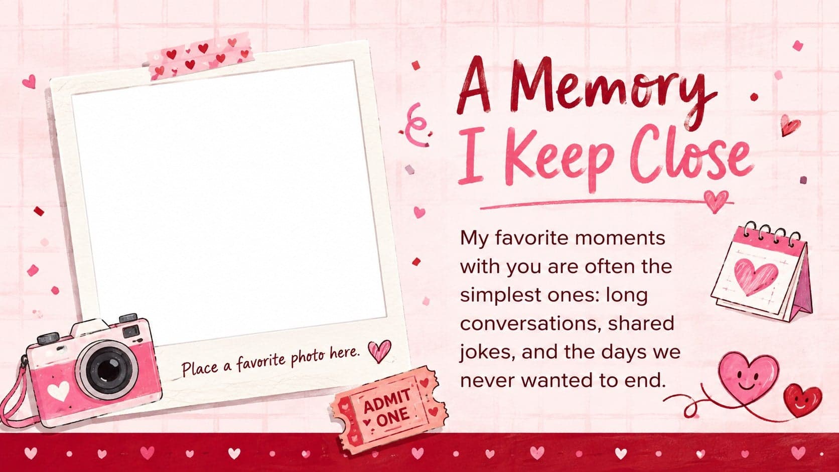 Valentine keepsake slide with a photo placeholder and space for writing about a favorite shared memory.