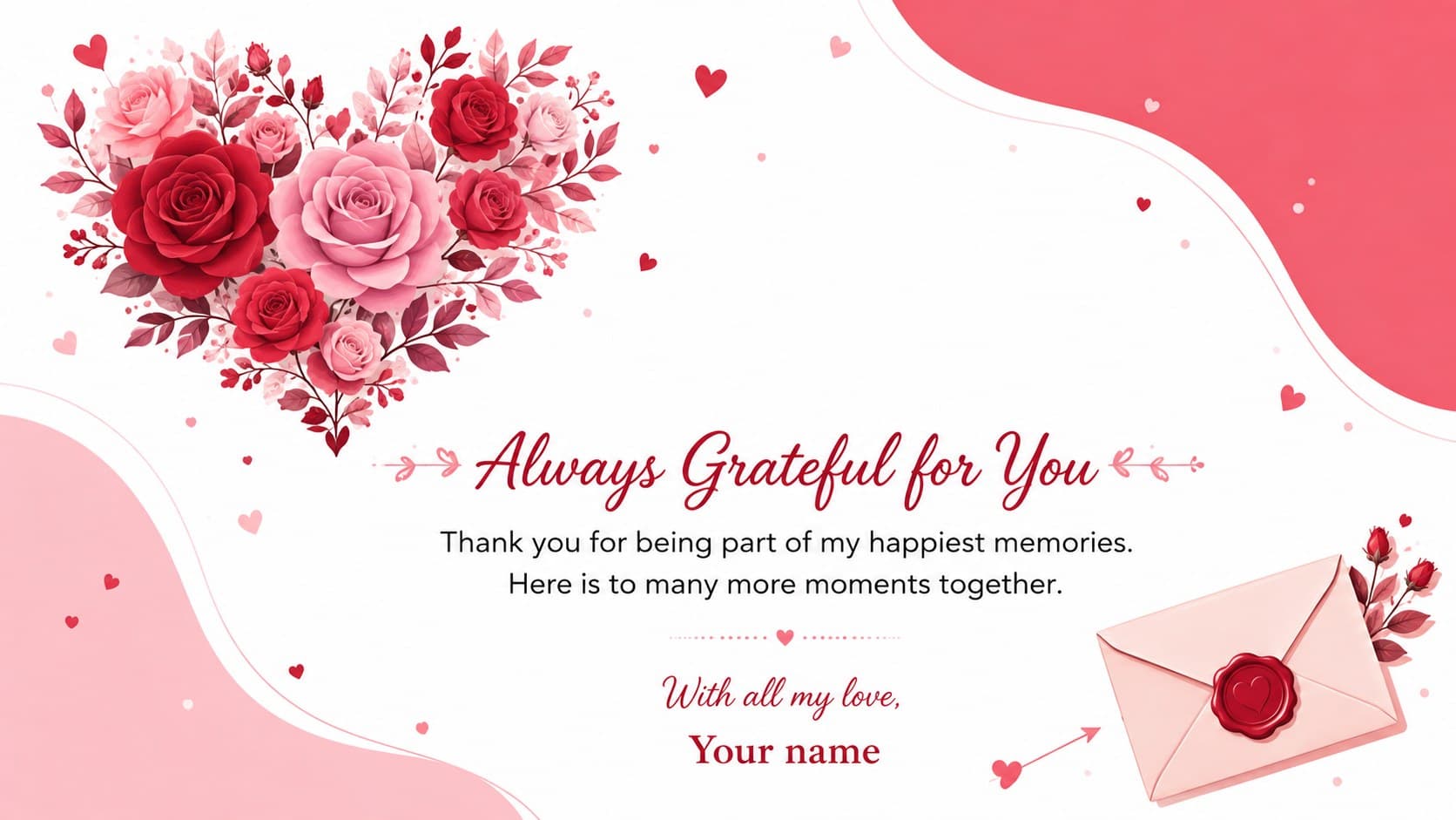 Closing page for romantic letter slides for couples with a handwritten sign-off and floral heart doodles.