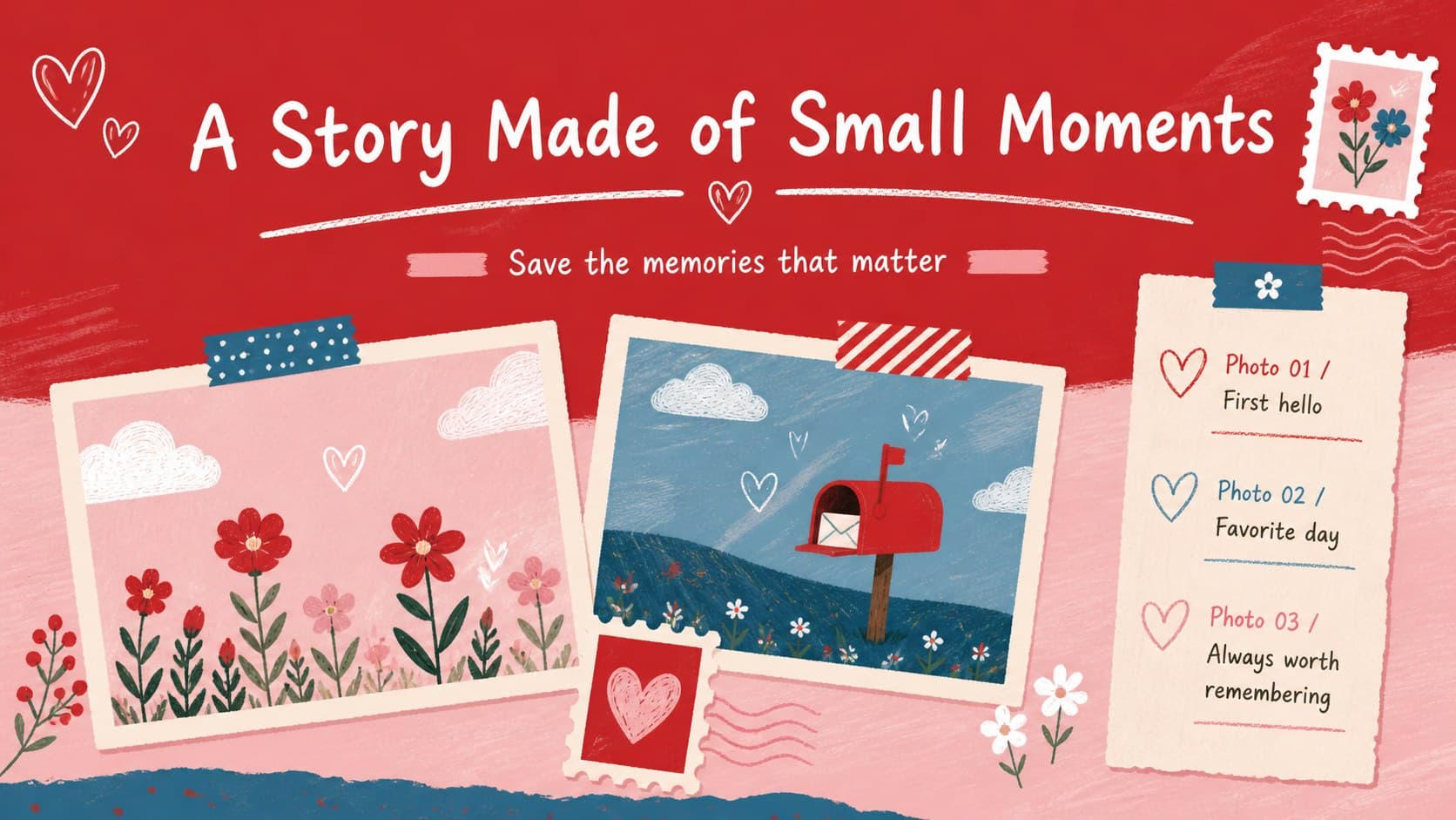 Romantic photo story presentation slide showing a heartfelt message beside framed memories and playful heart illustrations.