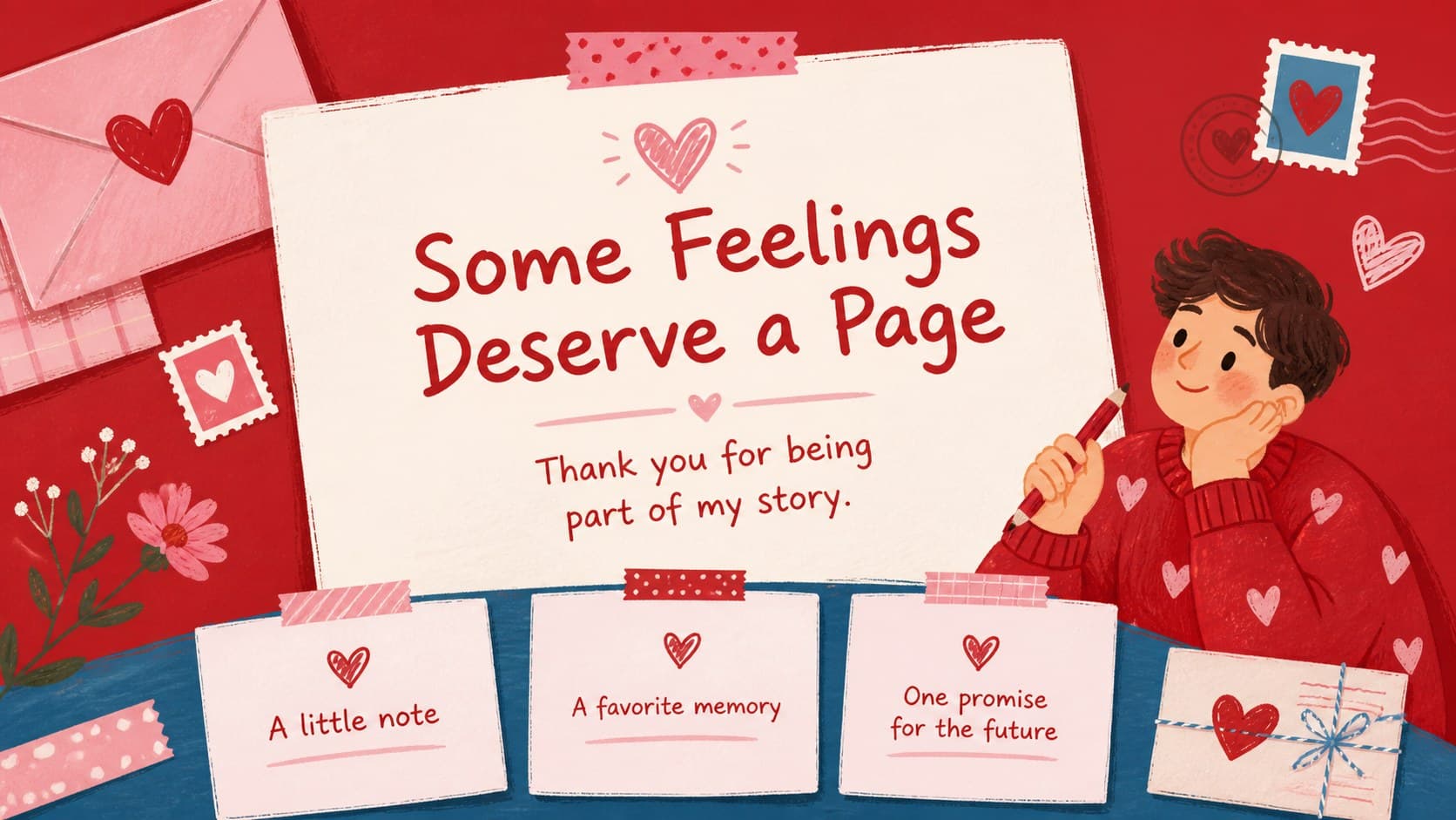 Hand drawn love note slide with a large quote, message details, and colorful red, pink, and blue stationery graphics.