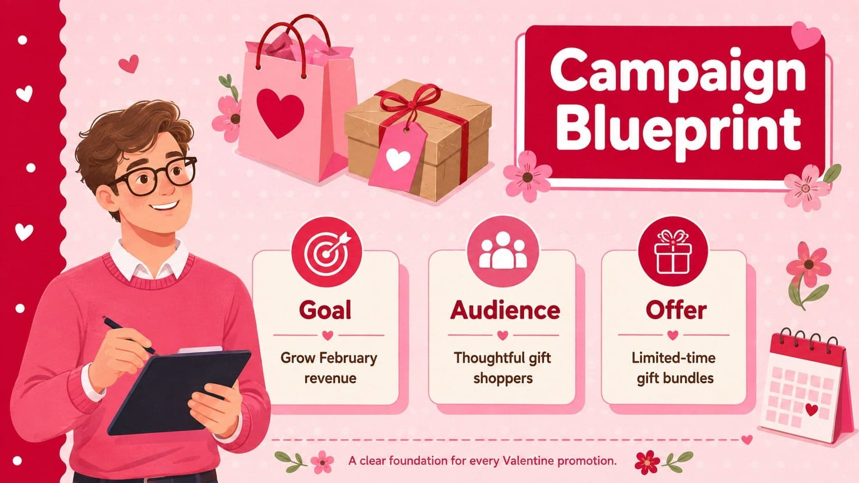 Valentine campaign planning slide showing goals, target shoppers, and a seasonal promotional offer.