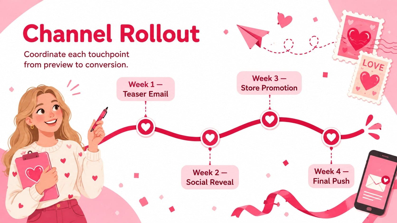 February marketing timeline slide mapping email, social, store, and launch activities for a Valentine promotion.
