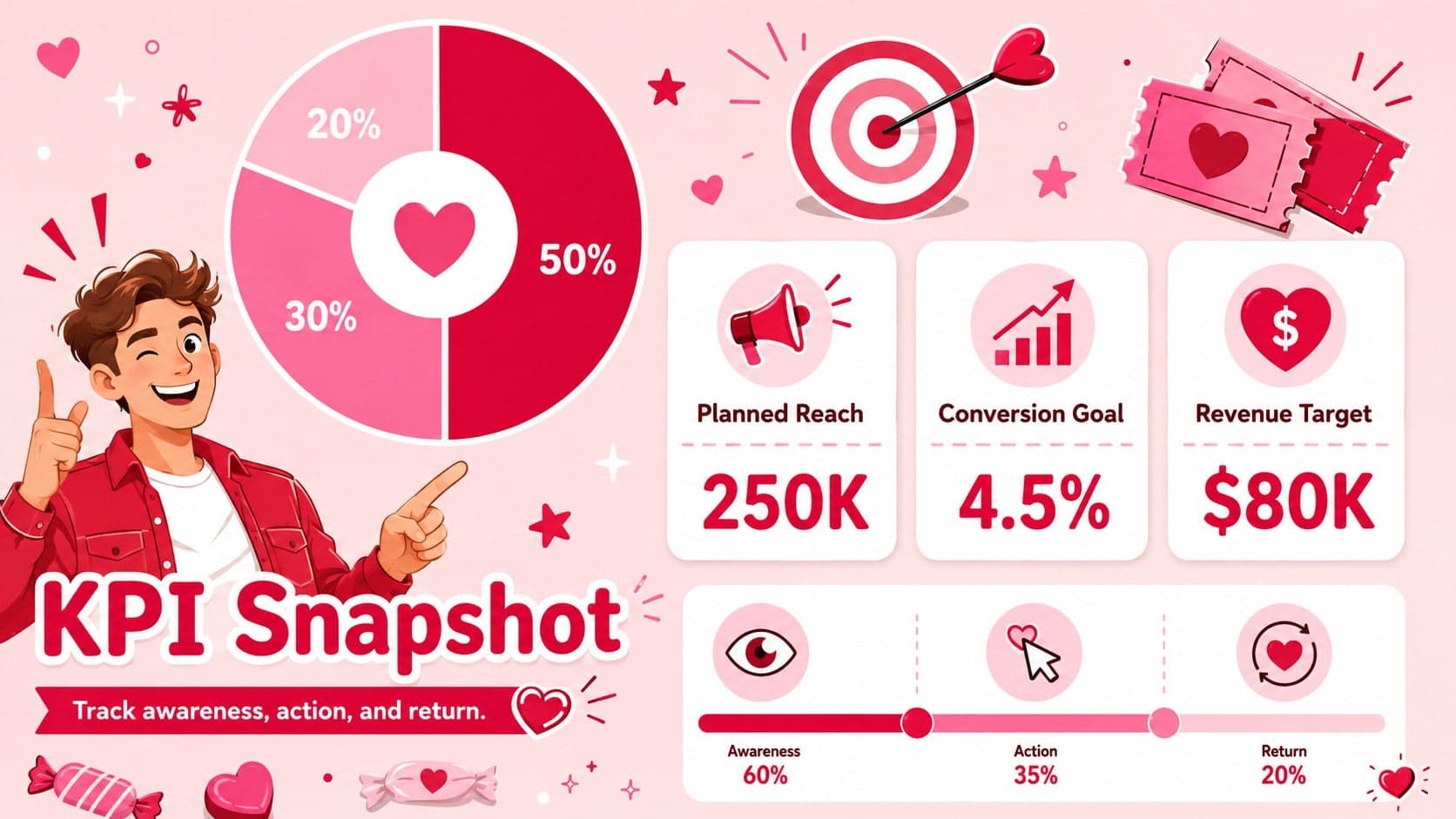 Valentine campaign performance dashboard with reach, conversion, and revenue goal charts in pink and red.