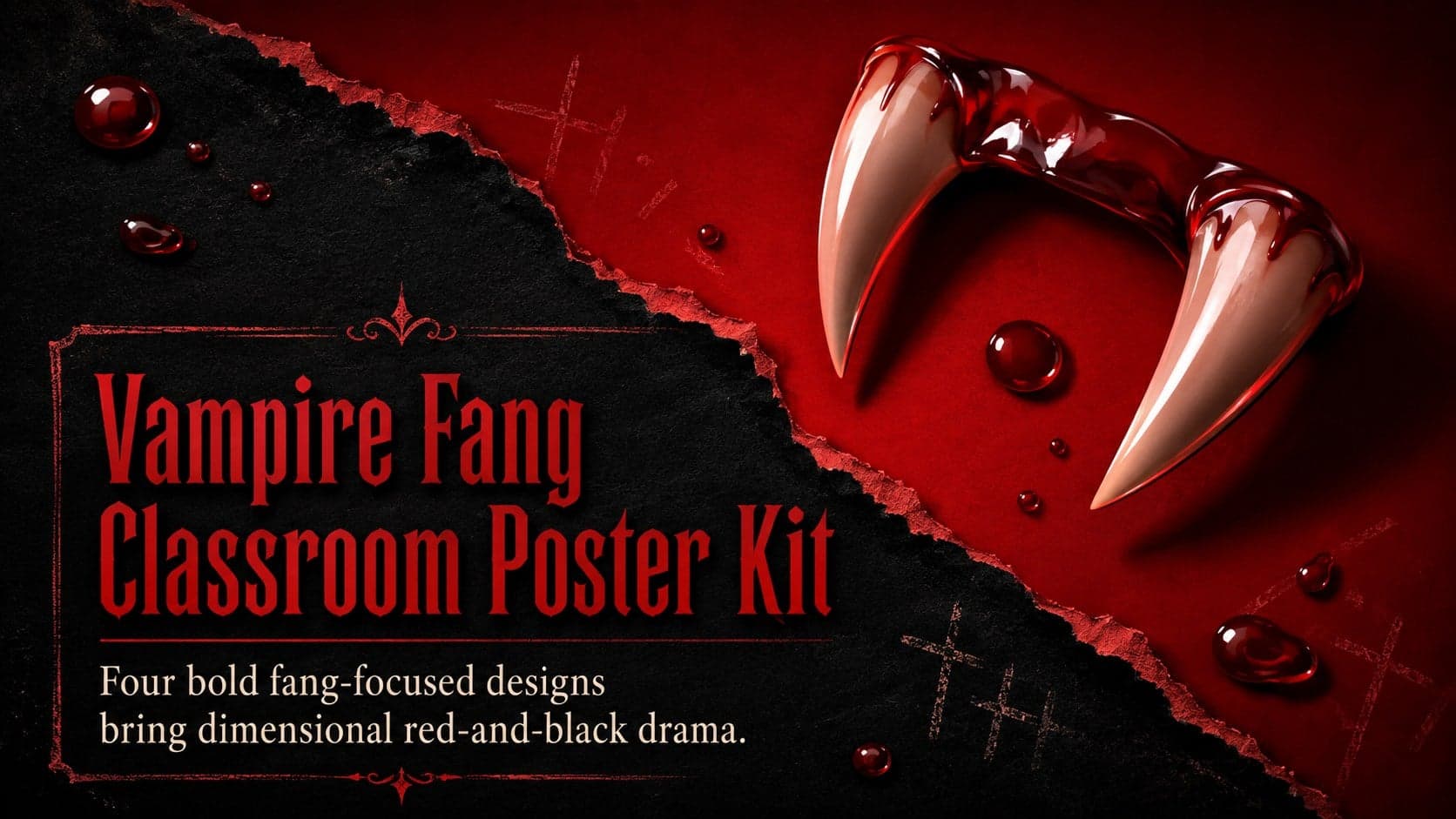 Cover for a vampire fang classroom poster kit with dimensional red fangs, black textures, and bold Halloween typography.