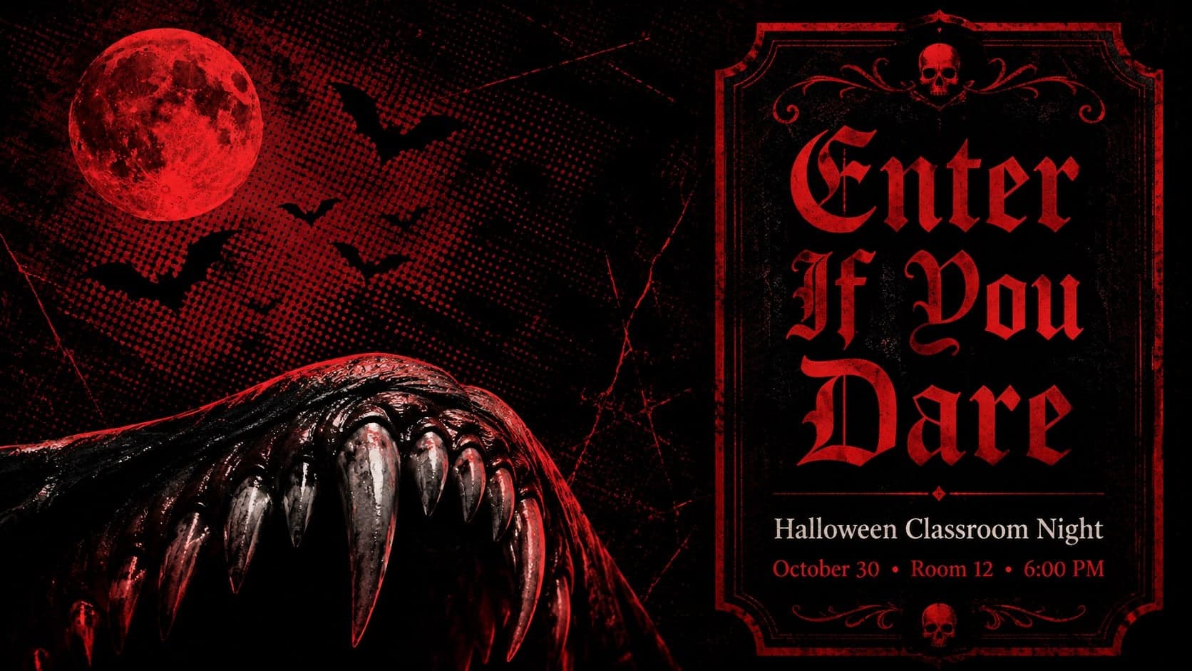 Red and black Halloween classroom announcement slide featuring vampire fangs and editable event details.