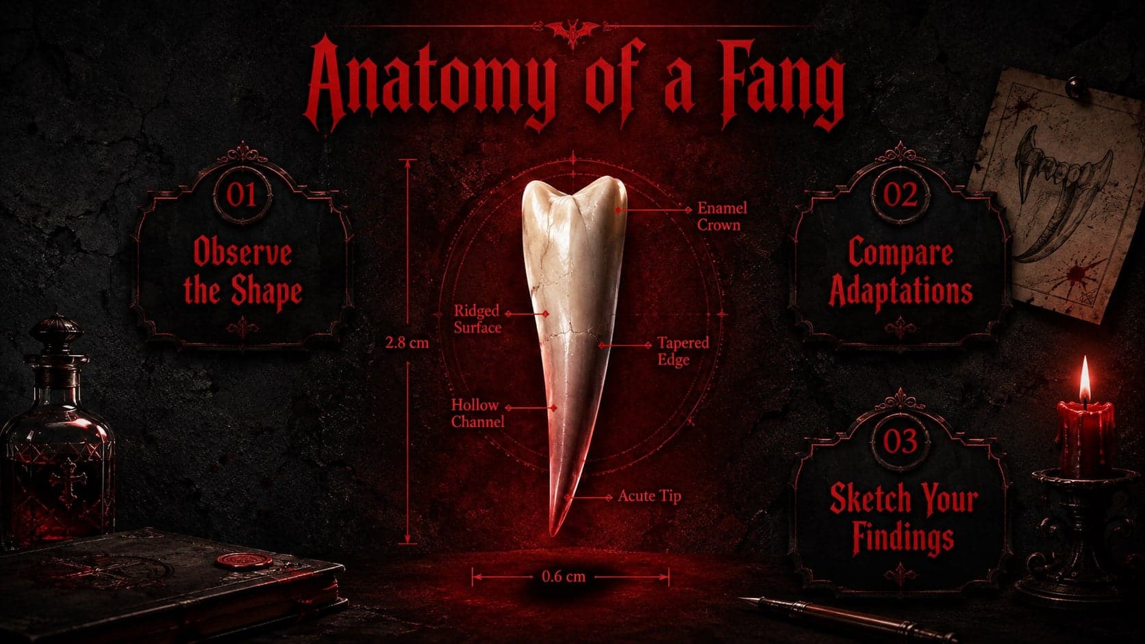 Spooky vampire-themed lesson opener with a red fang diagram and three classroom activity prompts.