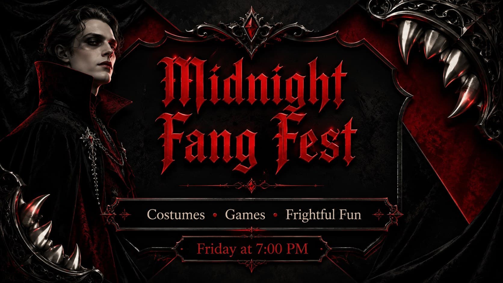 Gothic vampire party signage slide with a crimson invitation headline and original 3D fang decorations.