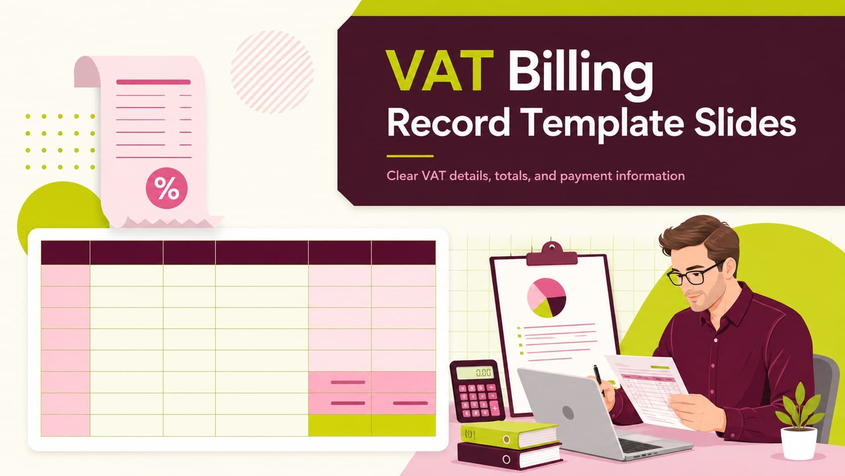 Cover slide for a VAT billing record template showing a modern invoice title with green, pink, and red accents.