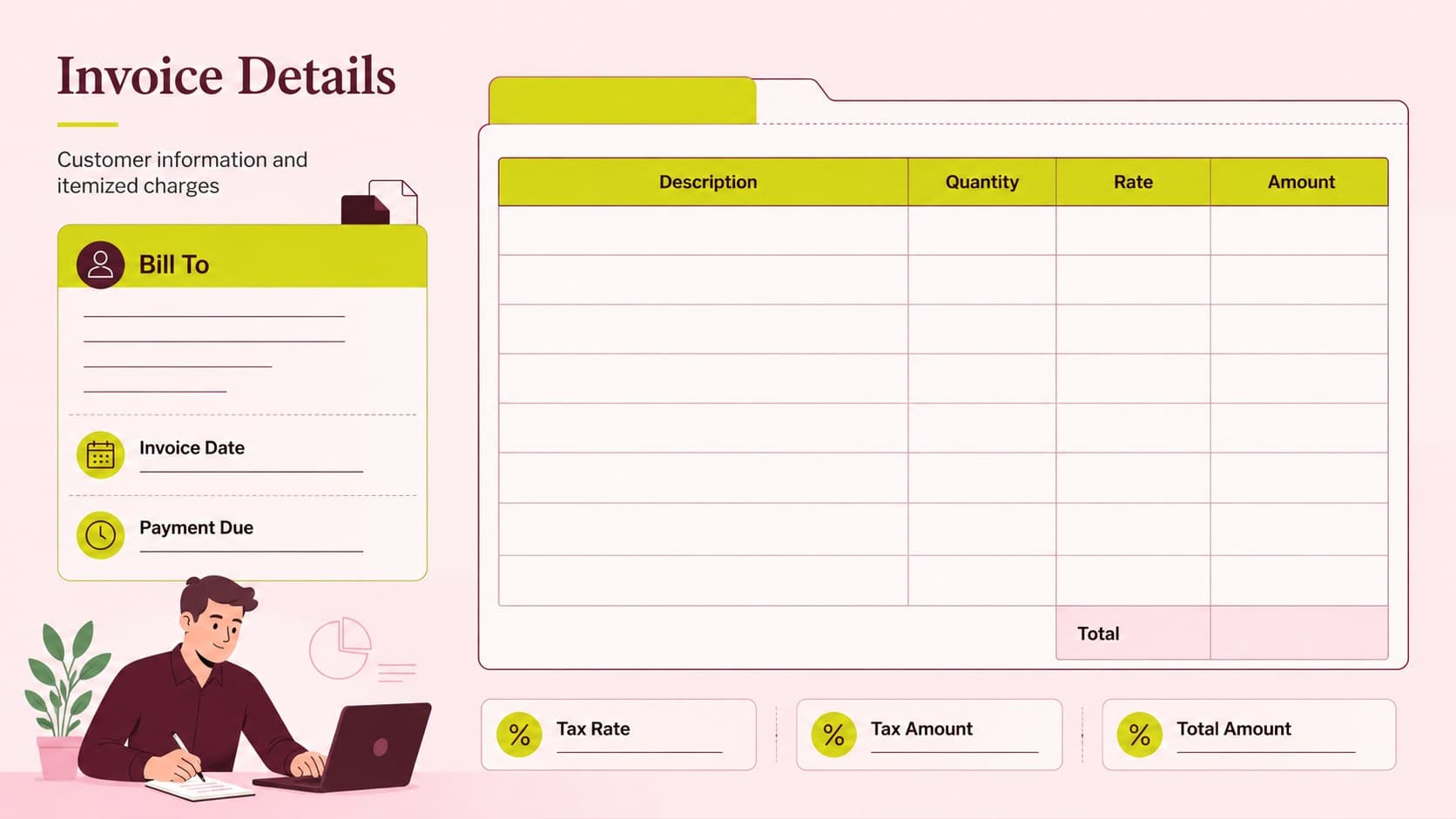 Invoice detail slide displaying customer information, itemized charges, and VAT fields in an editable billing layout.