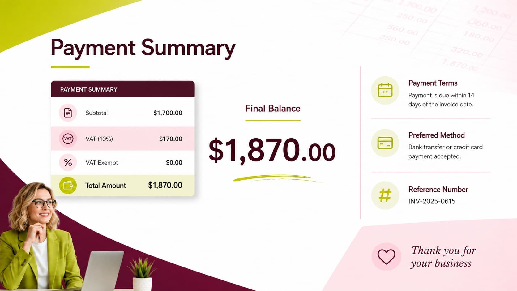 Payment summary slide presenting final balance, payment terms, and follow-up details for a VAT invoice.