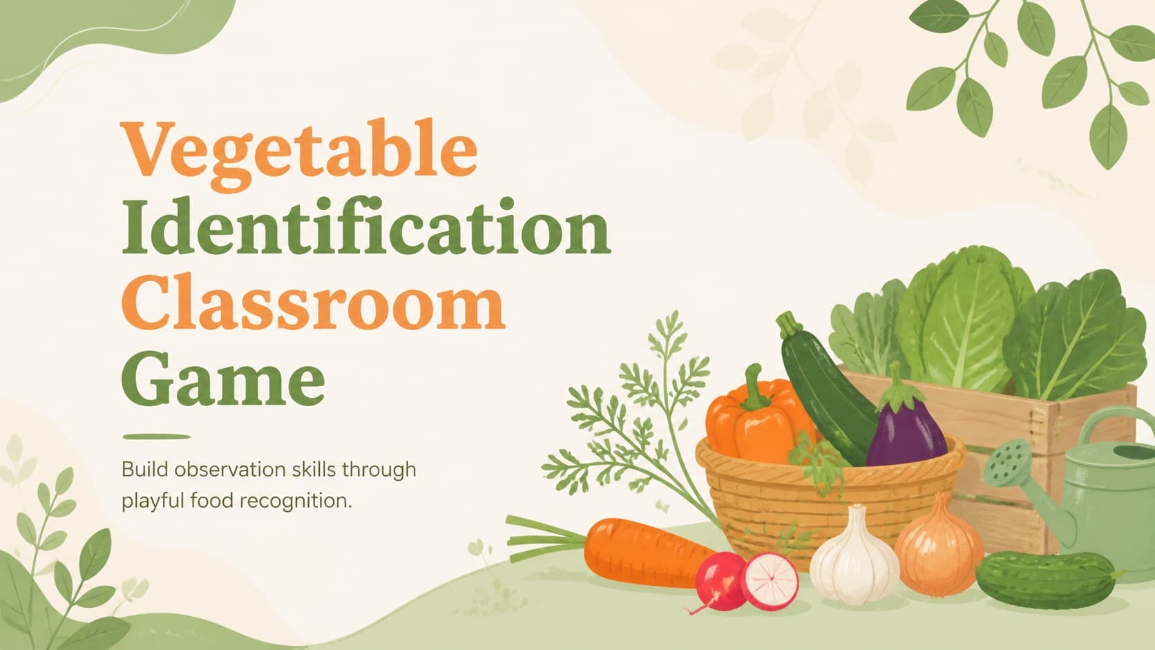 Cover for a Vegetable Identification Classroom Game with pastel botanical artwork and illustrated garden produce.