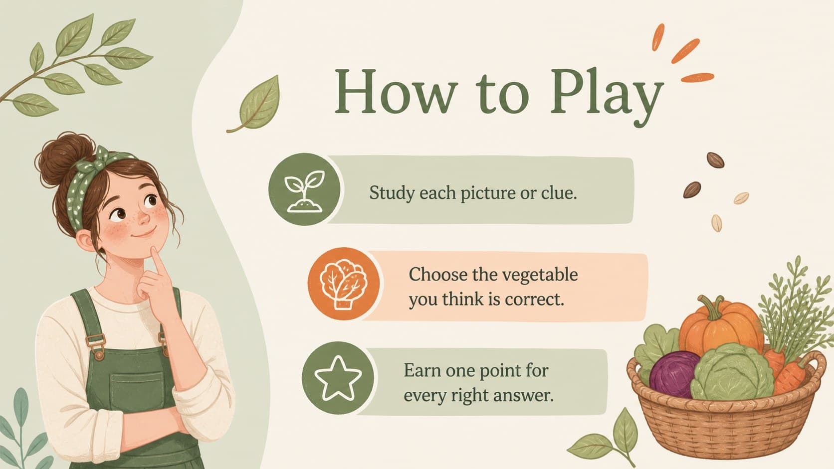 Pastel classroom game instructions explain how children can identify vegetables and earn points.