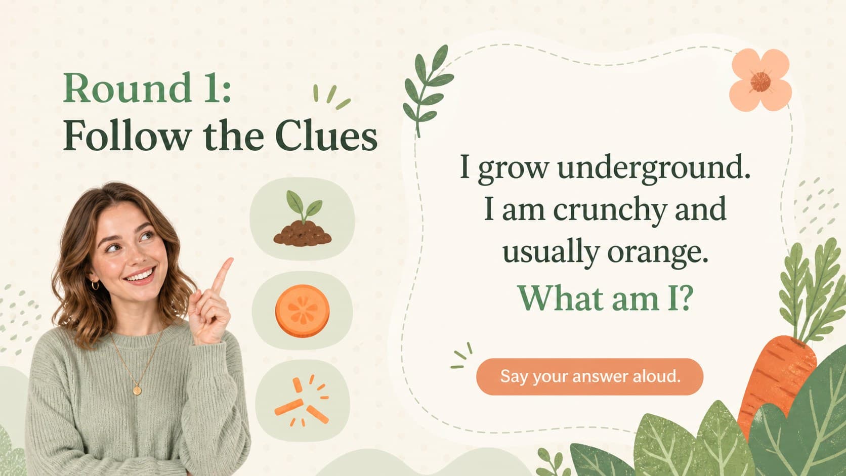 Illustrated vegetable identification game question asks learners to recognize a carrot from visual clues.