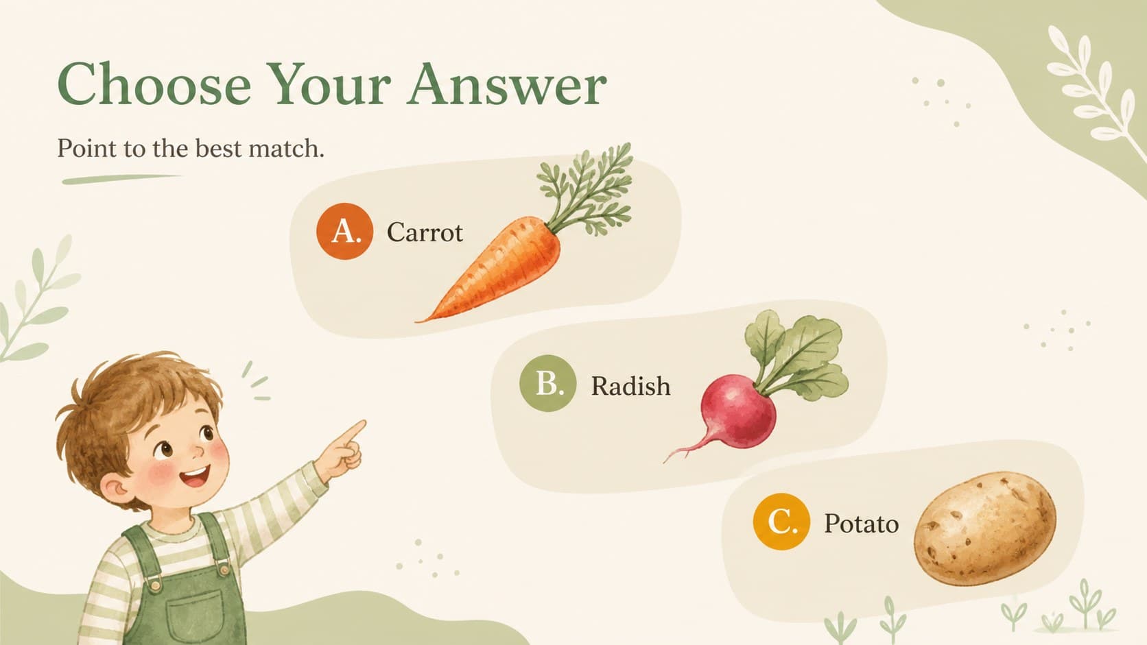 Multiple-choice food recognition activity presents carrot, radish and potato answers in pastel panels.
