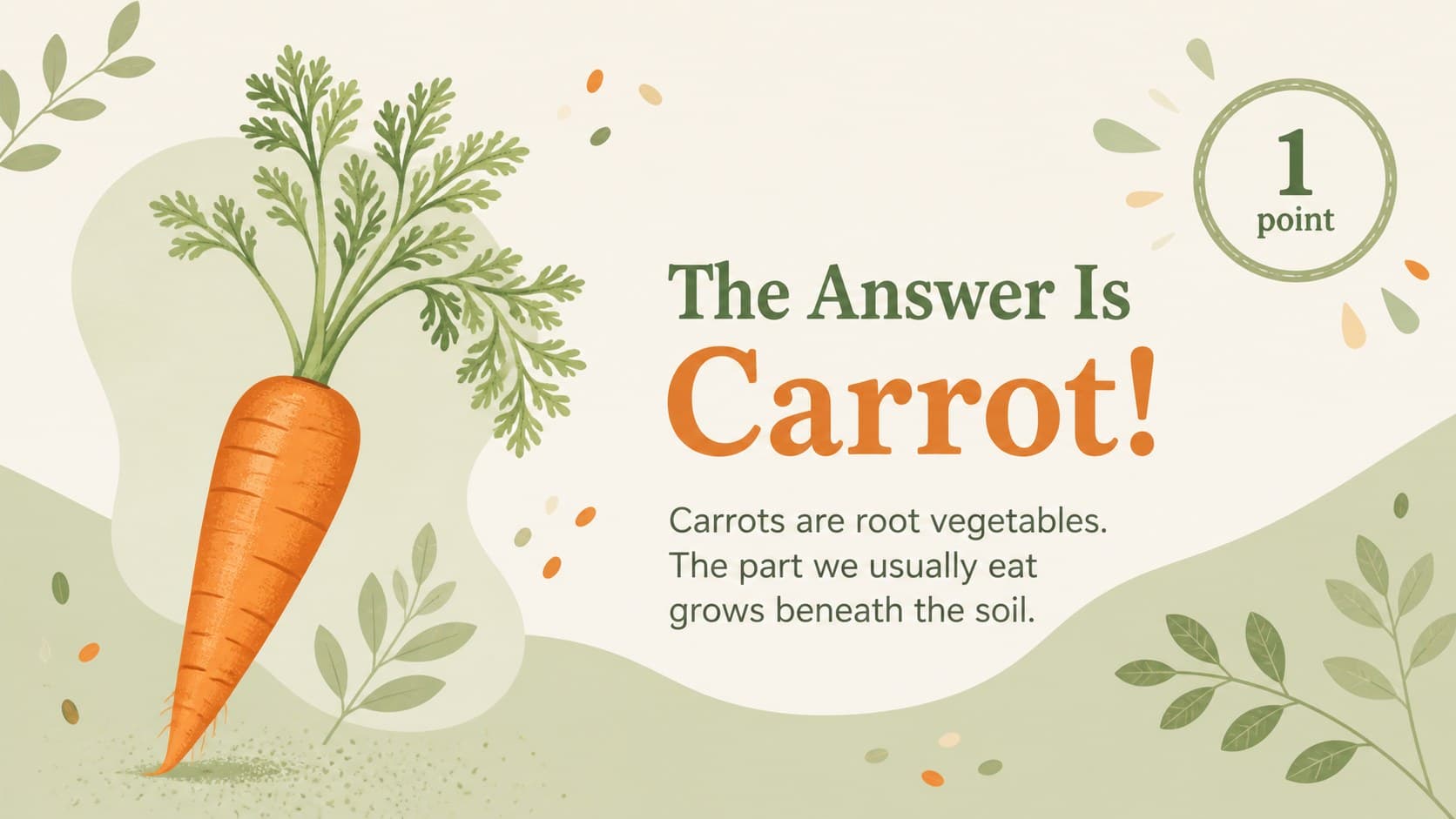 Answer reveal slide identifies a carrot in a soft pastel elementary nutrition quiz presentation.