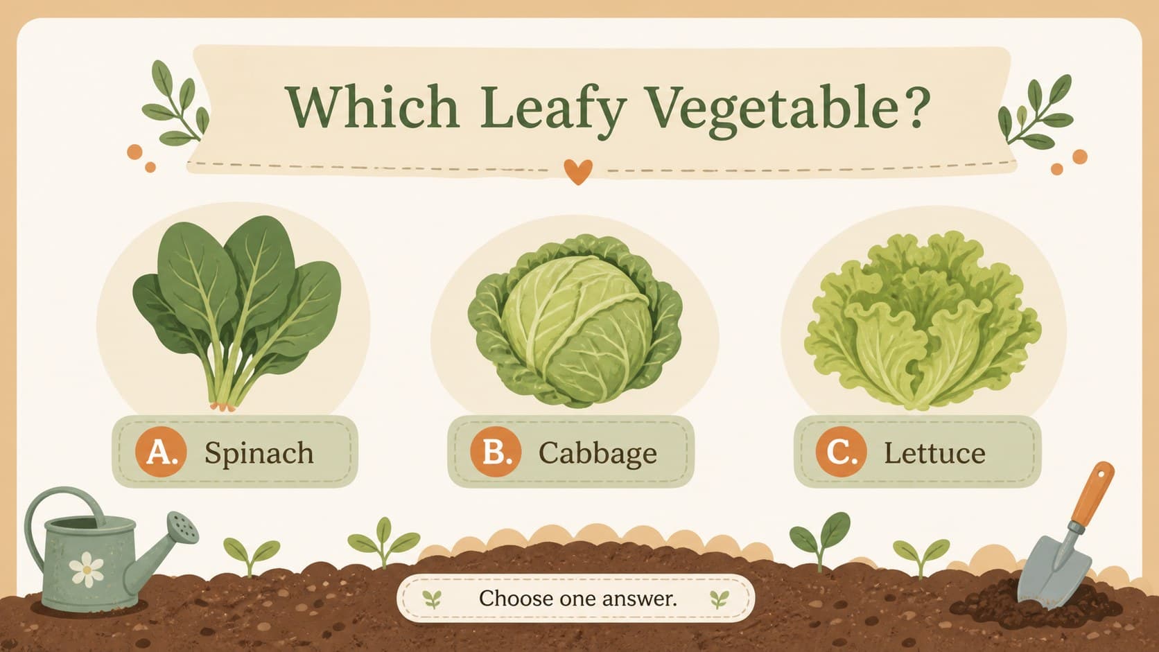 Interactive vegetable lesson slide offers spinach, cabbage and lettuce as illustrated answer choices.
