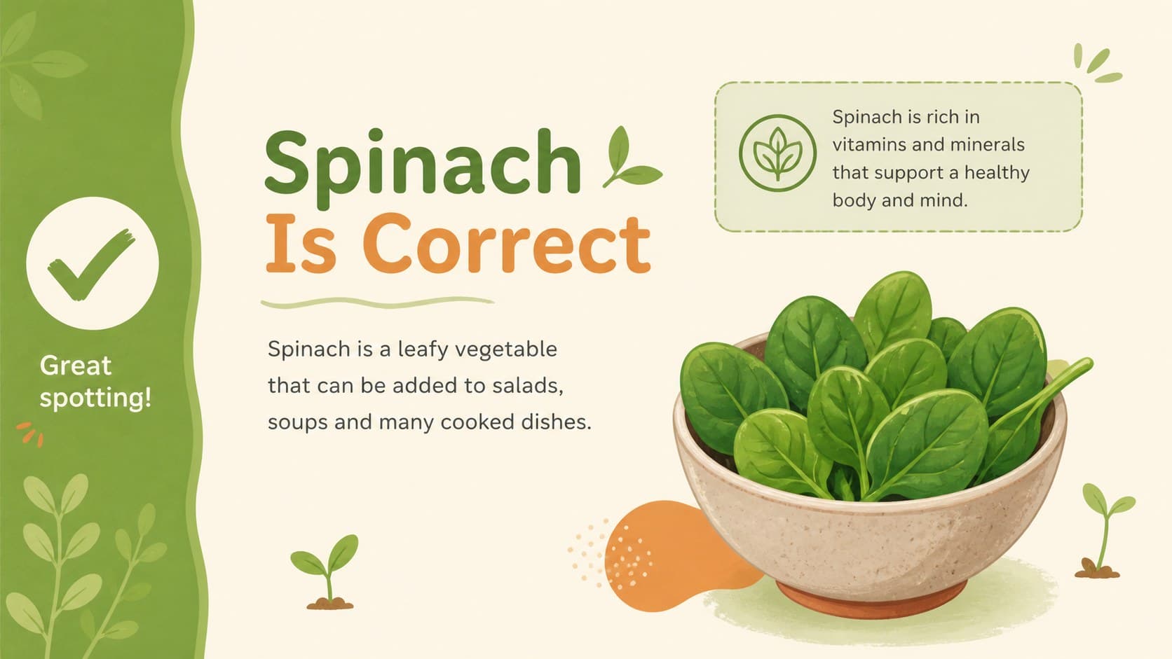 Pastel answer slide reveals spinach and shares a simple healthy eating fact for young learners.