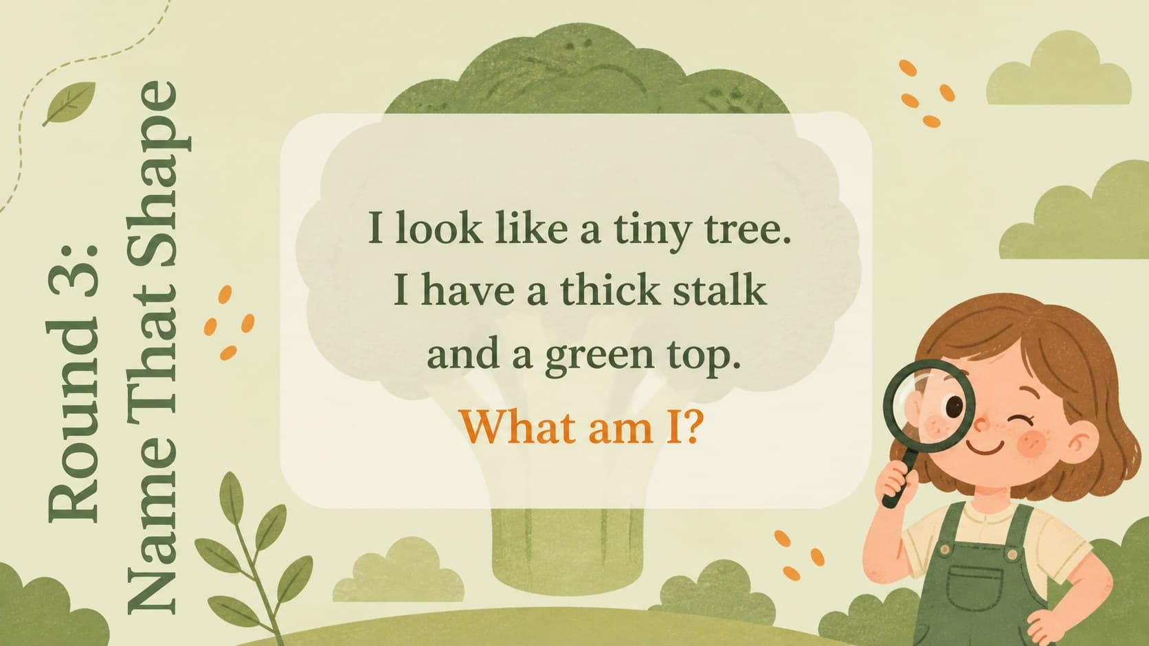 Food vocabulary slide challenges children to identify broccoli using shape and color clues.