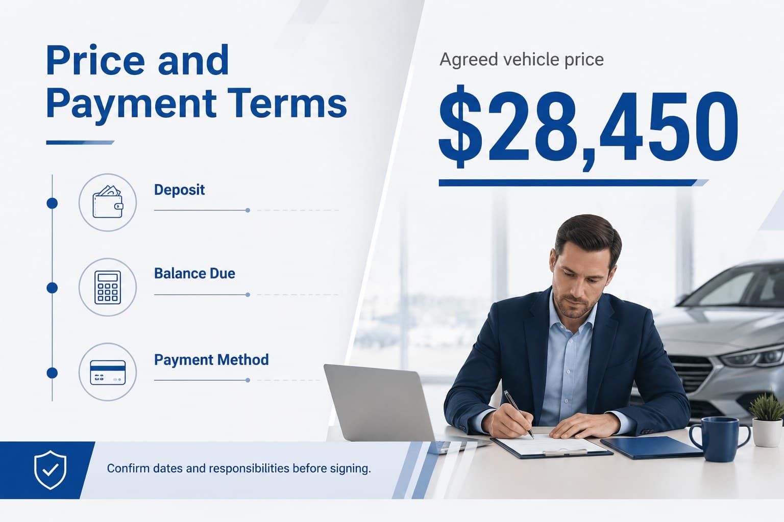 Pricing and payment summary slide for a car sale terms presentation with blue and grey financial callouts.