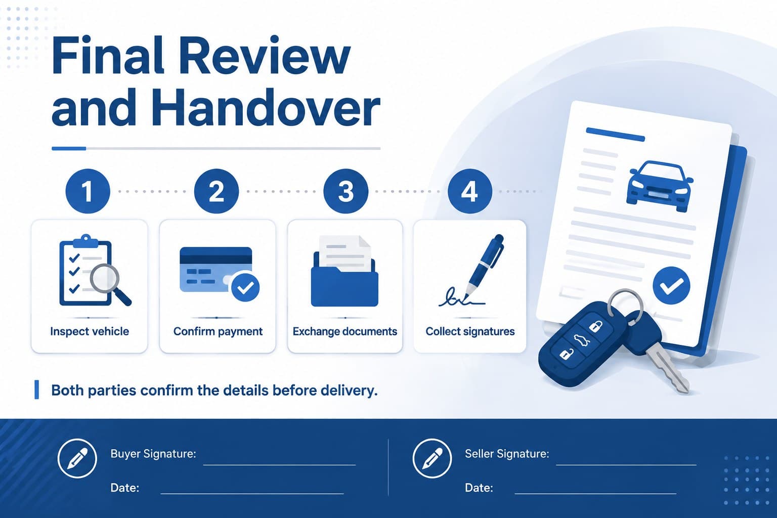 Vehicle handover checklist slide with signature fields and delivery steps for an automotive transaction.