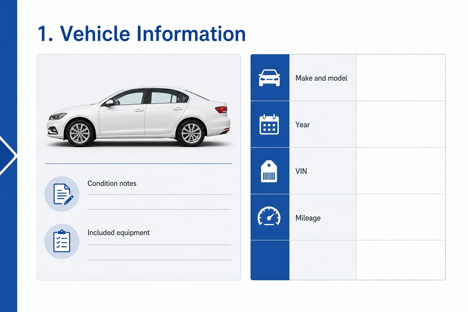 Vehicle information slide outlining identification fields and condition notes for an editable vehicle purchase agreement.