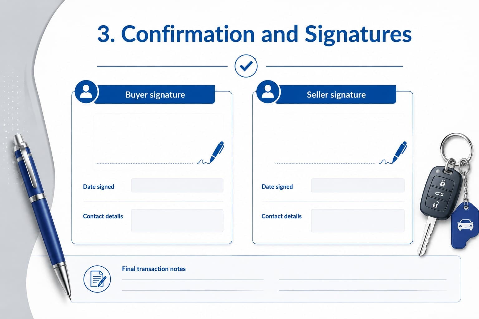 Signature confirmation slide showing buyer and seller approval areas for a private vehicle sale form.