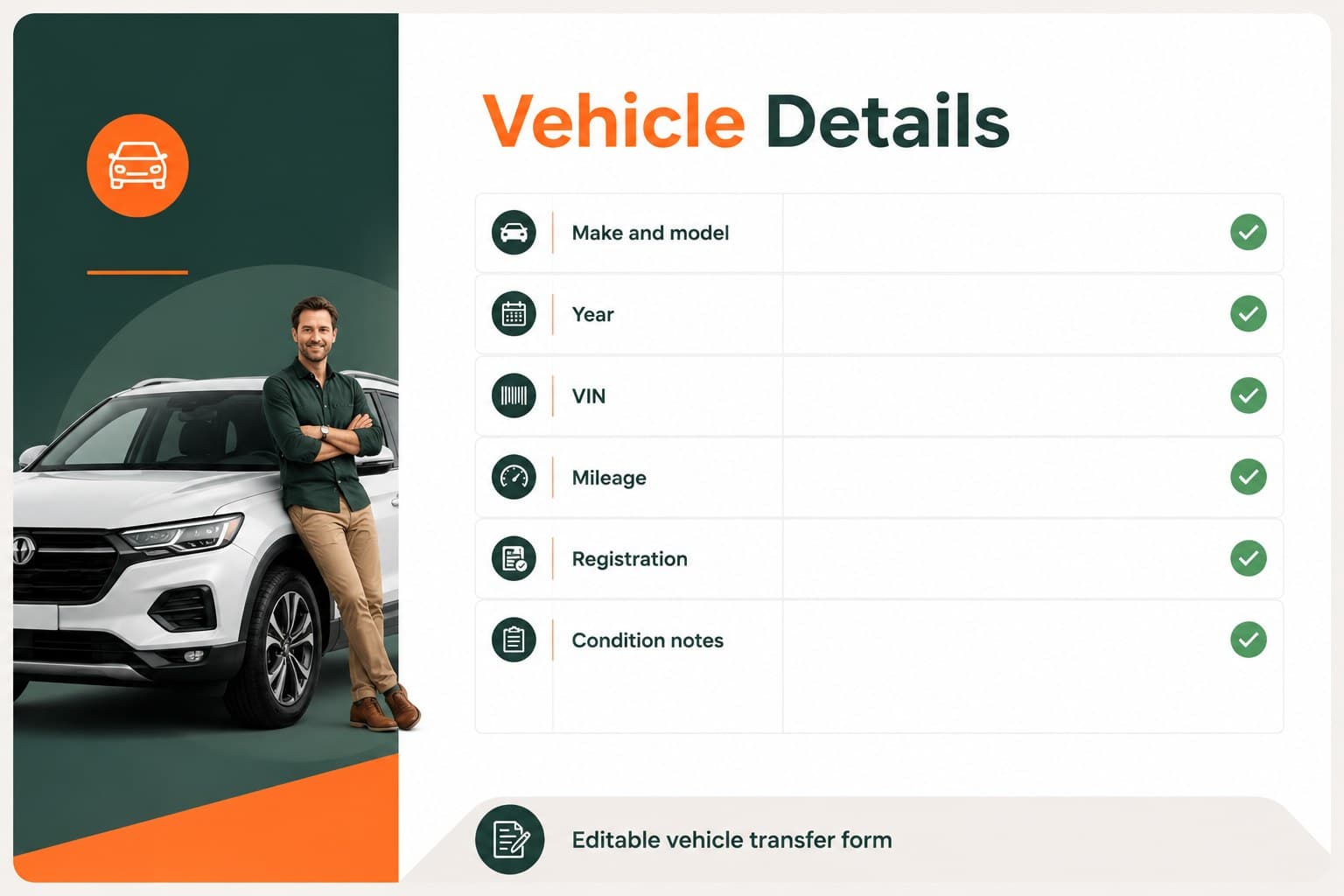 Vehicle information slide showing an editable vehicle transfer form with specification fields and clean orange and green accents.