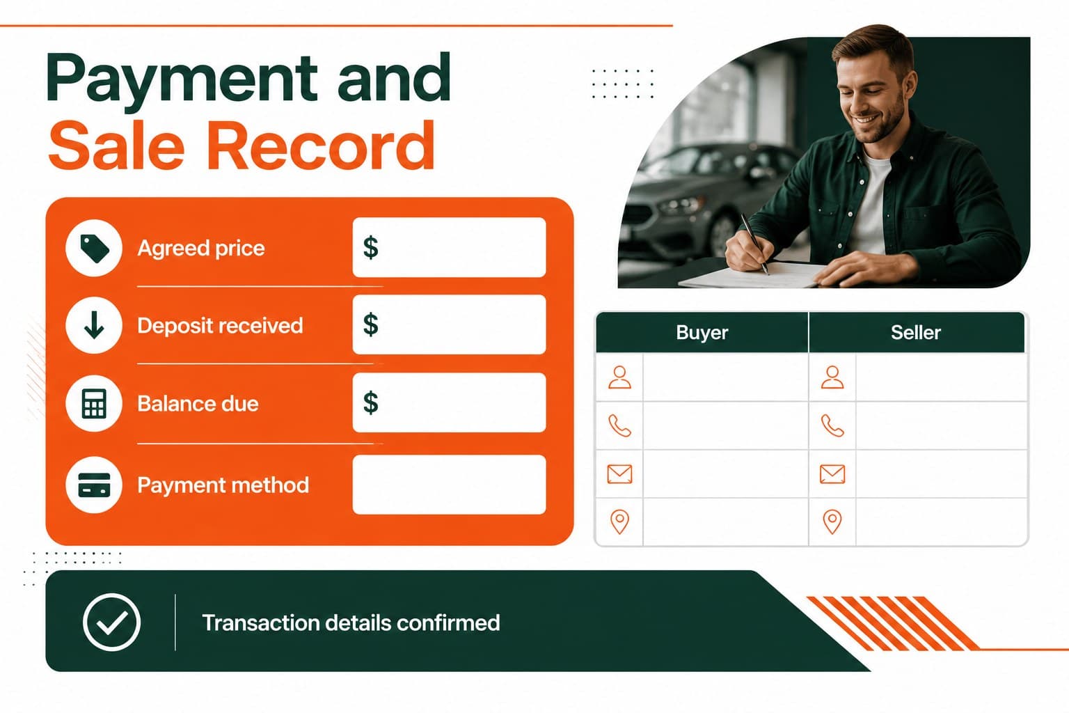 Payment record slide for private car sale paperwork with pricing, payment status, and buyer-seller details.