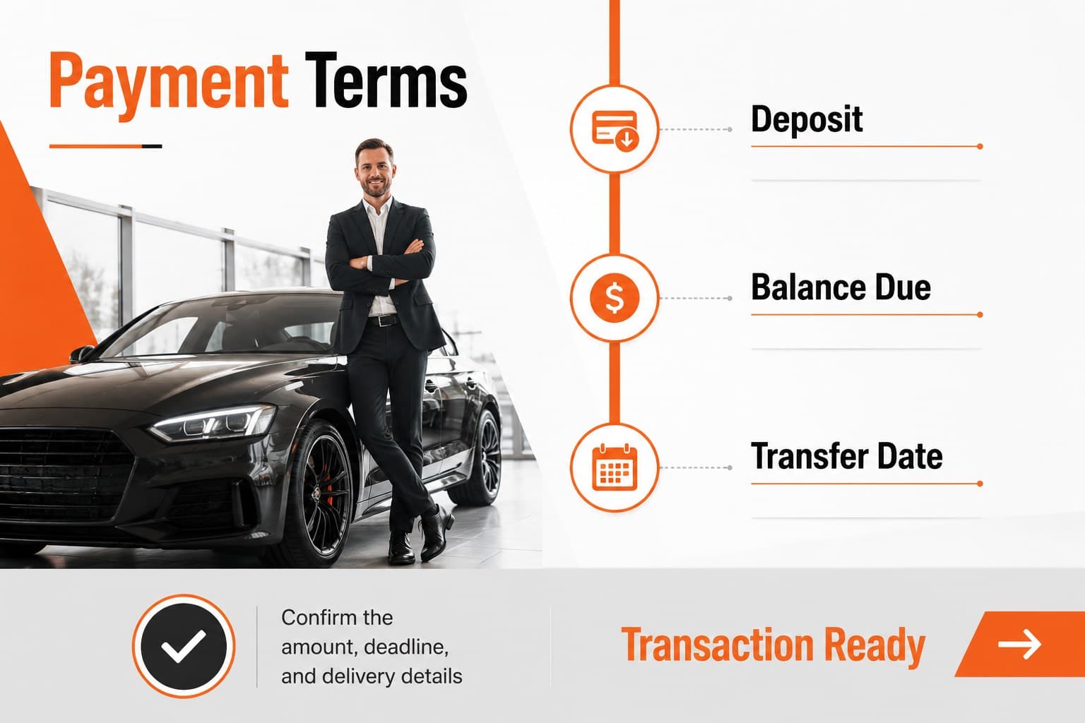 Payment terms slide outlining deposit, balance due, deadline, and next steps for a vehicle sale invoice.