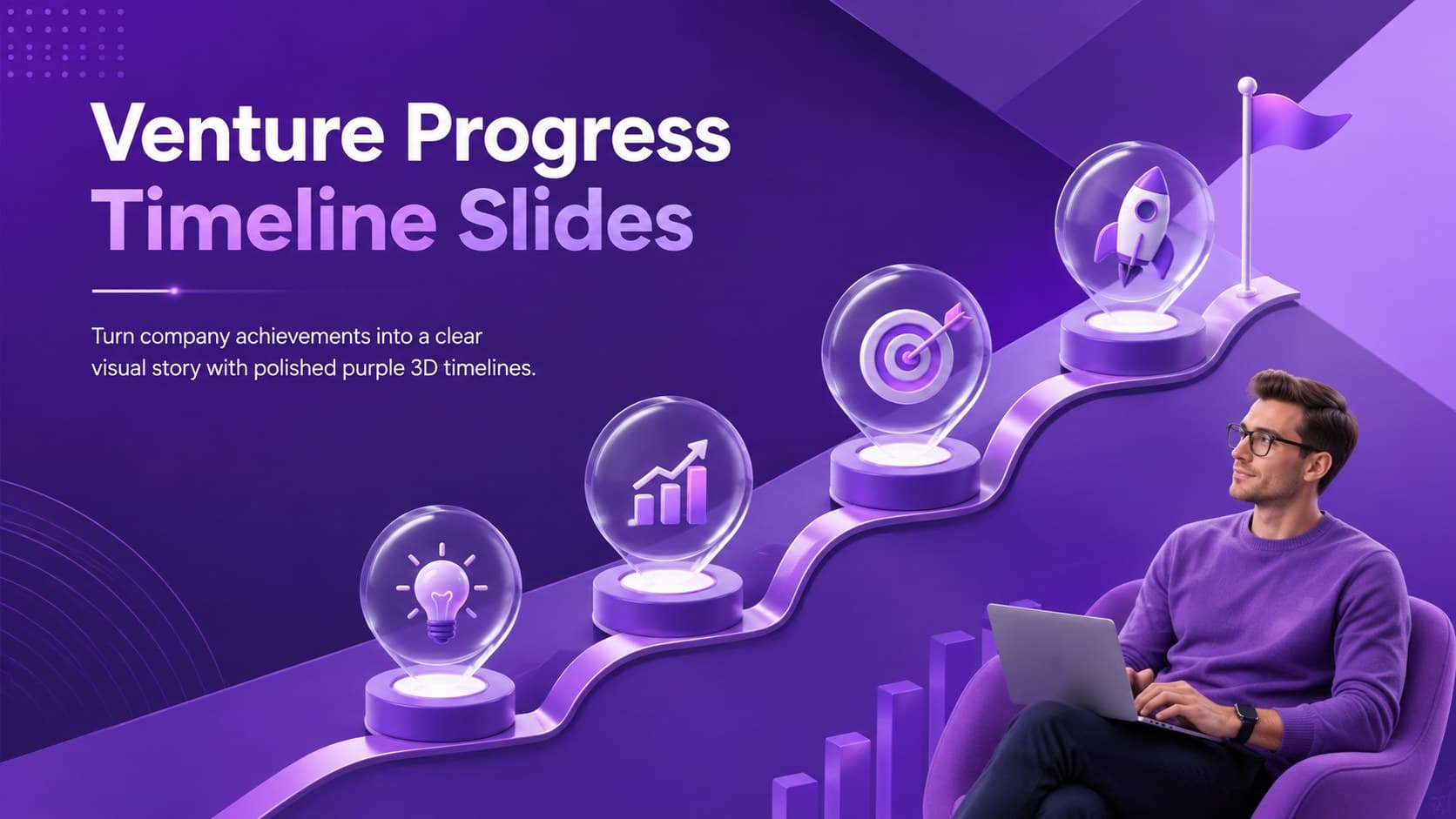 Cover for Venture Progress Timeline Slides featuring purple 3D milestone graphics and a modern business layout.