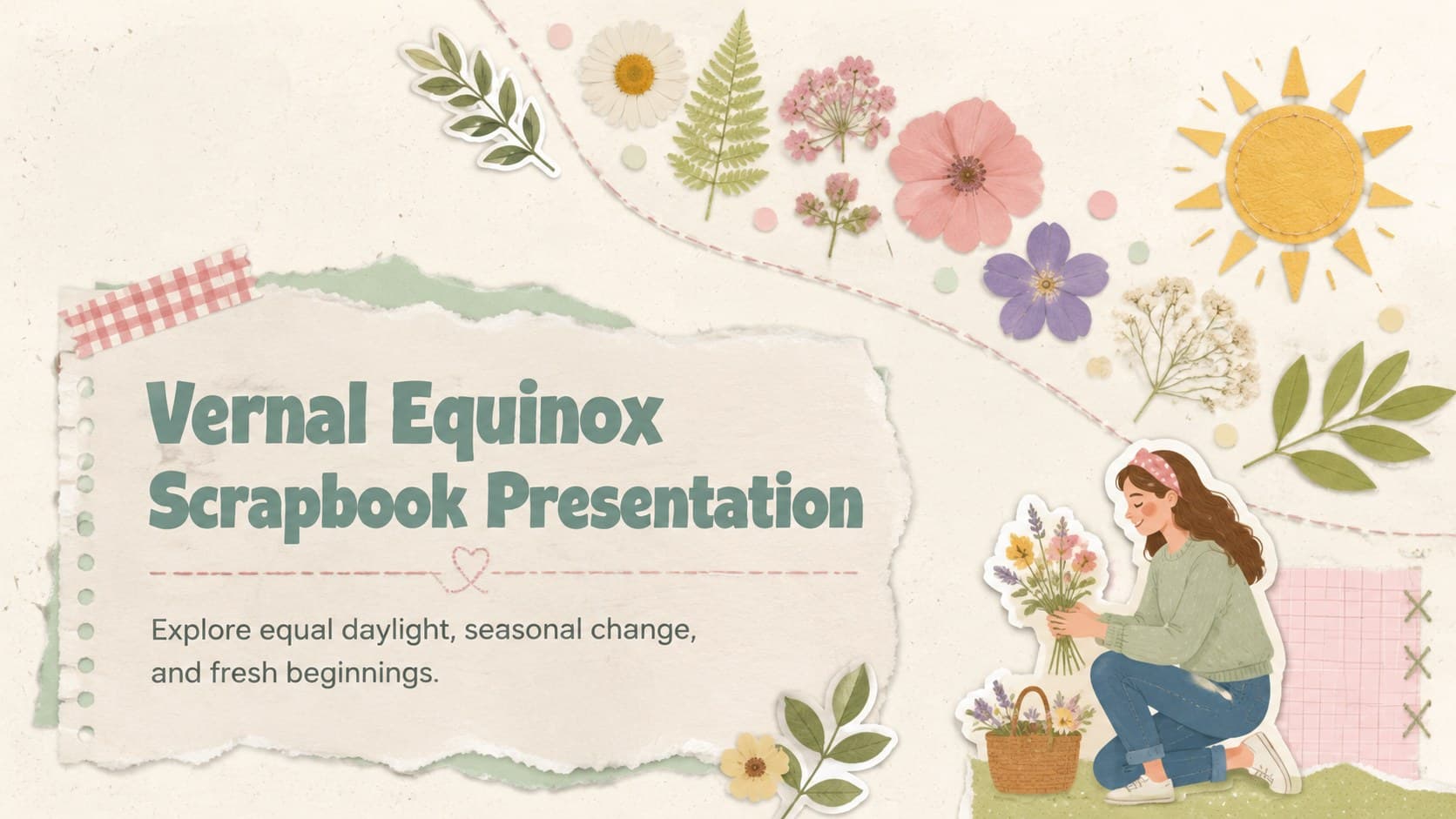 Vernal equinox scrapbook presentation cover with pastel paper layers, spring flowers, and a cheerful seasonal title.